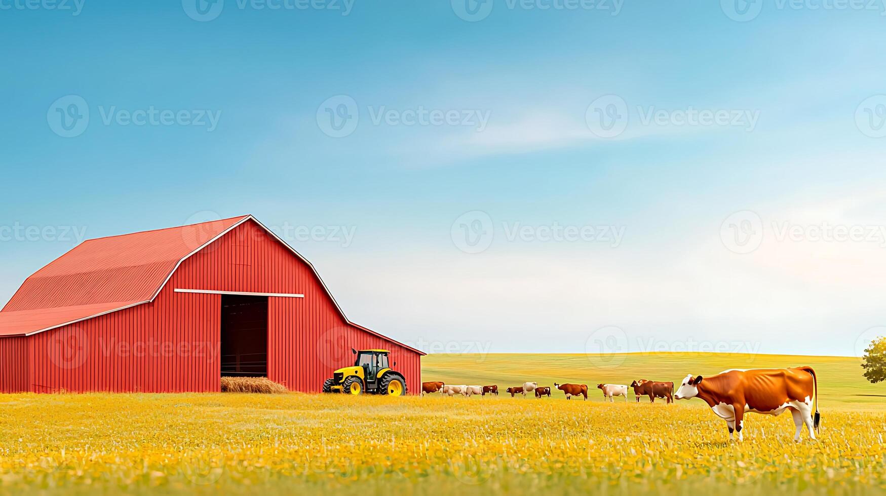 Tranquil farm scene with a red barn, tractor, and grazing cows under a clear blue sky photo