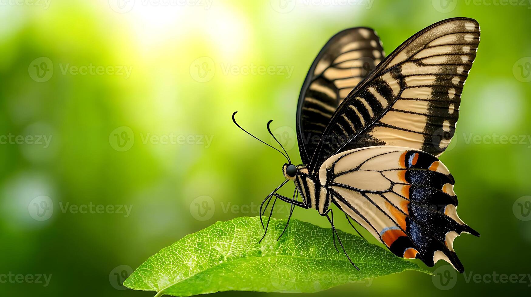 A vibrant butterfly perched on a green leaf, surrounded by a lush, blurred natural background photo
