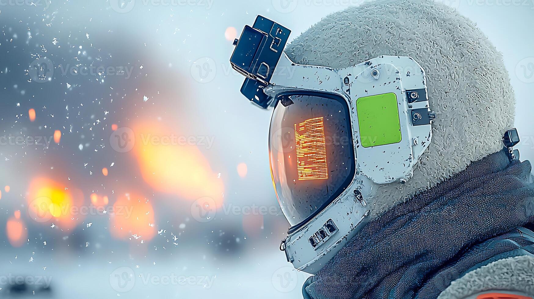 Astronaut in snowy landscape observing distant explosions, showcasing a dramatic scene photo