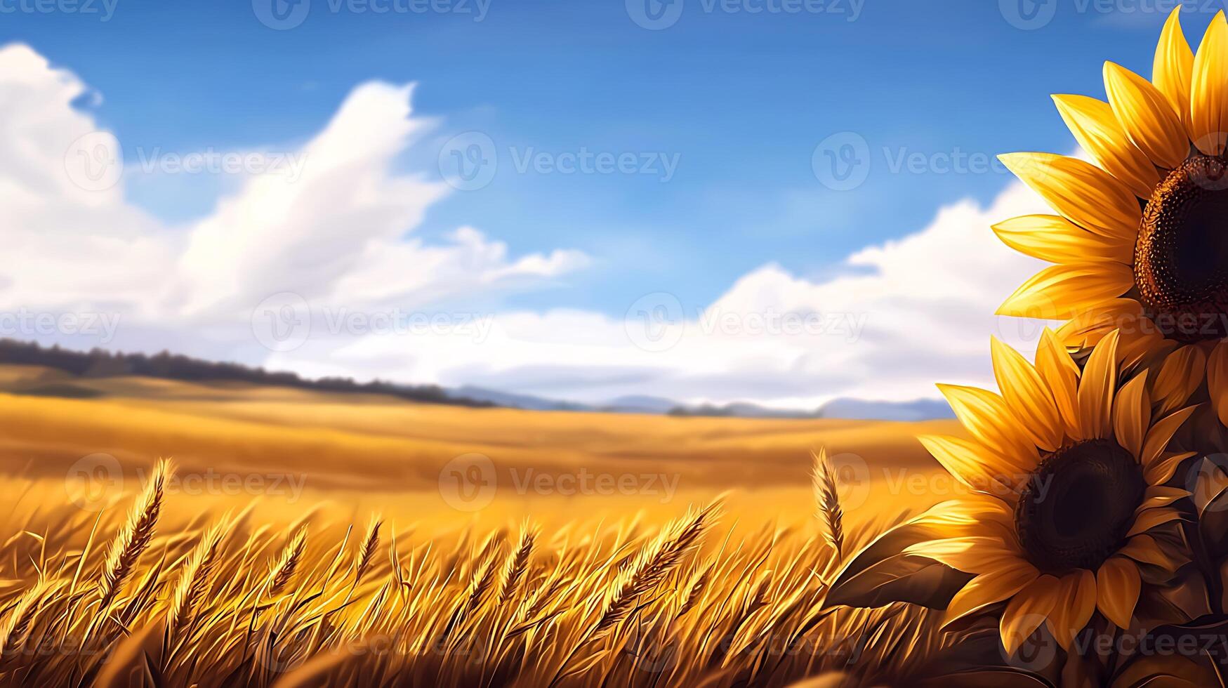 Vibrant sunflowers in a golden field under a bright blue sky with distant mountains photo