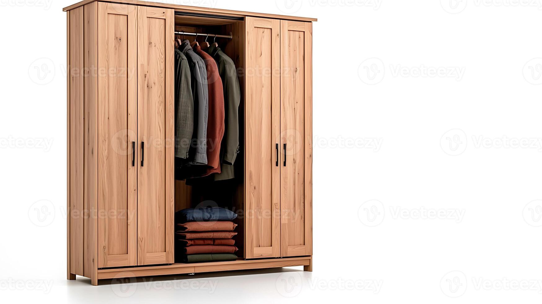 Wooden wardrobe with neatly arranged clothes and shelves, set against a plain background photo
