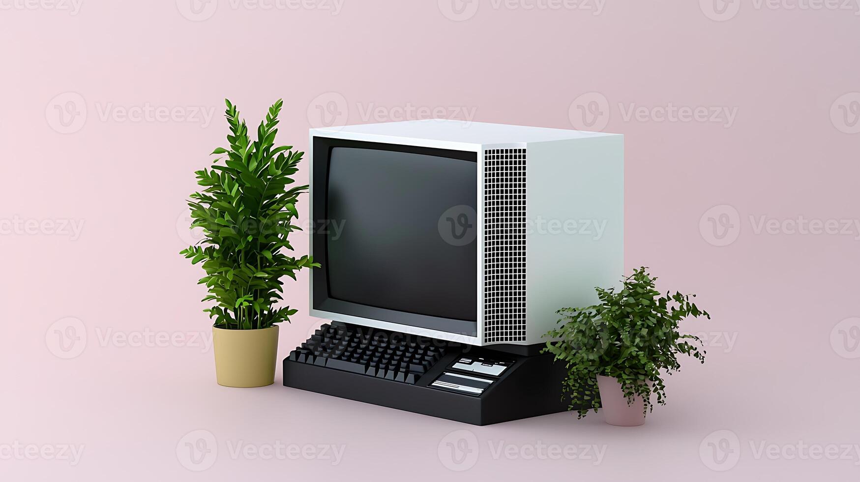 Vintage computer setup with potted plants against a soft pink background, evoking nostalgia photo