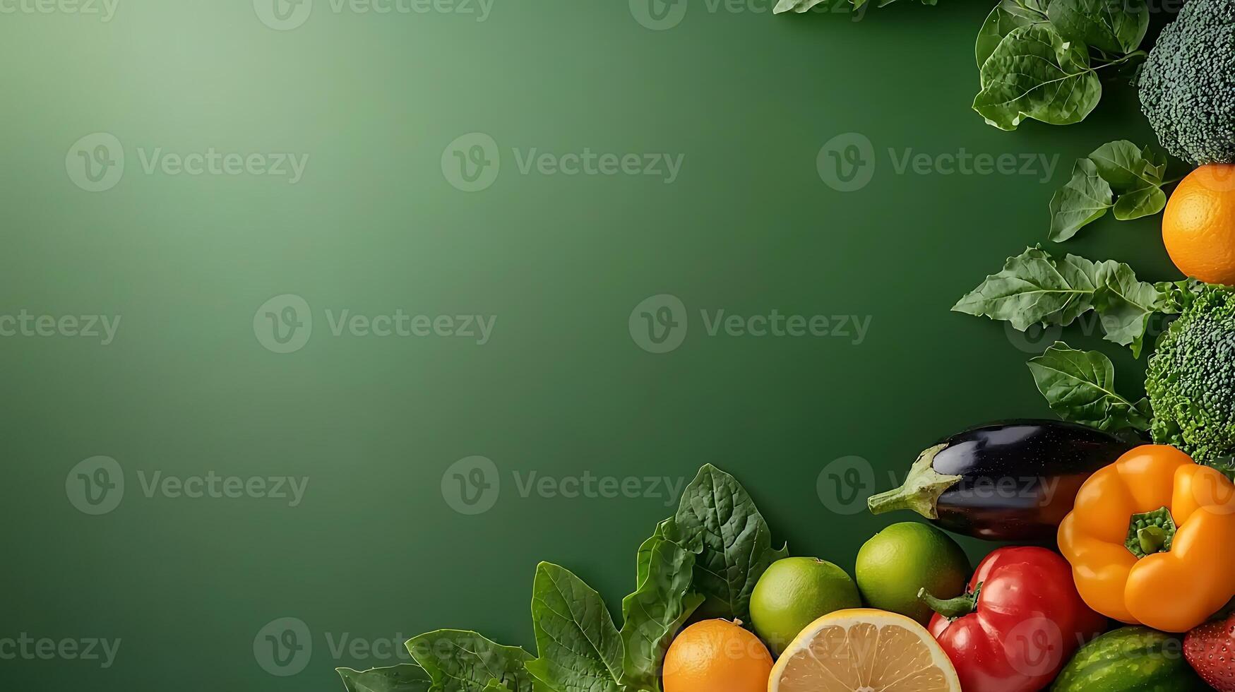 Vibrant assortment of fresh vegetables and fruits arranged on a green background photo