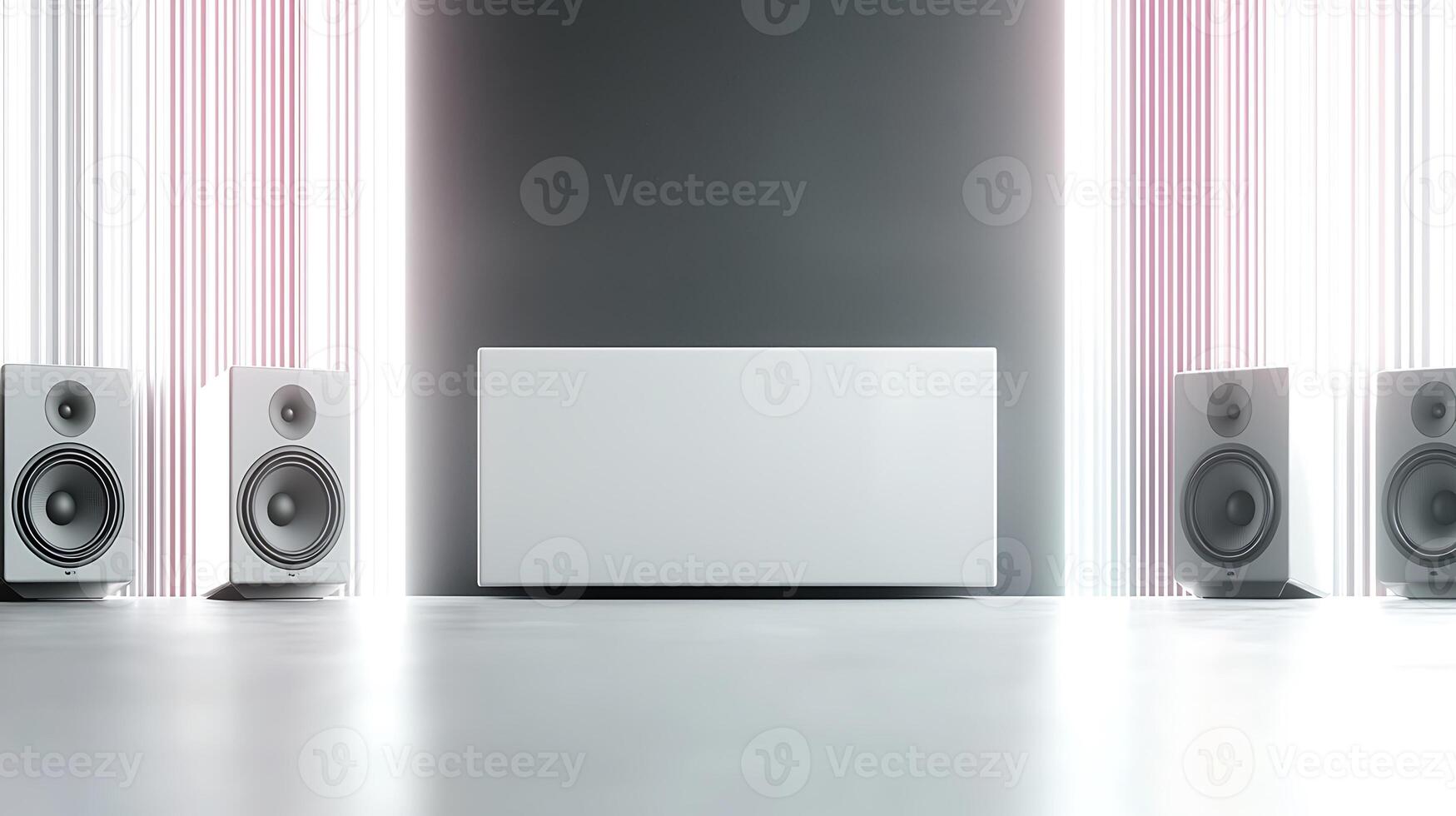Modern audio setup featuring sleek speakers and a minimalist cabinet against vibrant background lights photo