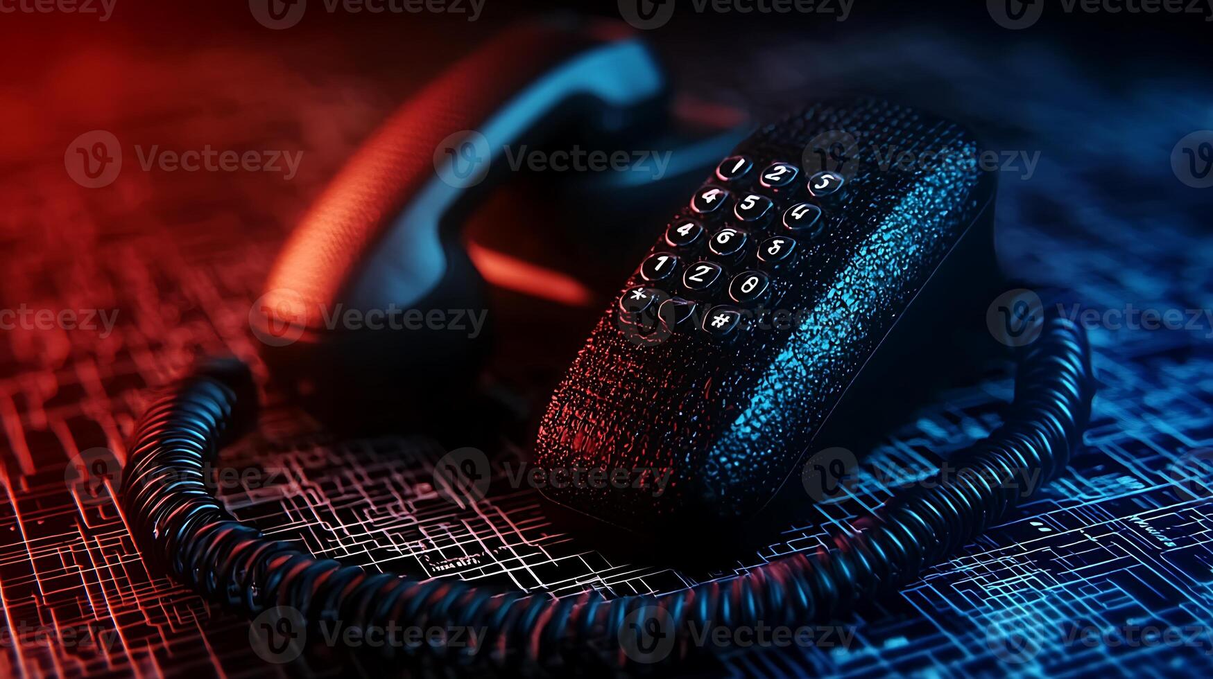 A close-up view of a vintage telephone on a digital circuit background, illuminated with red and blue lights photo