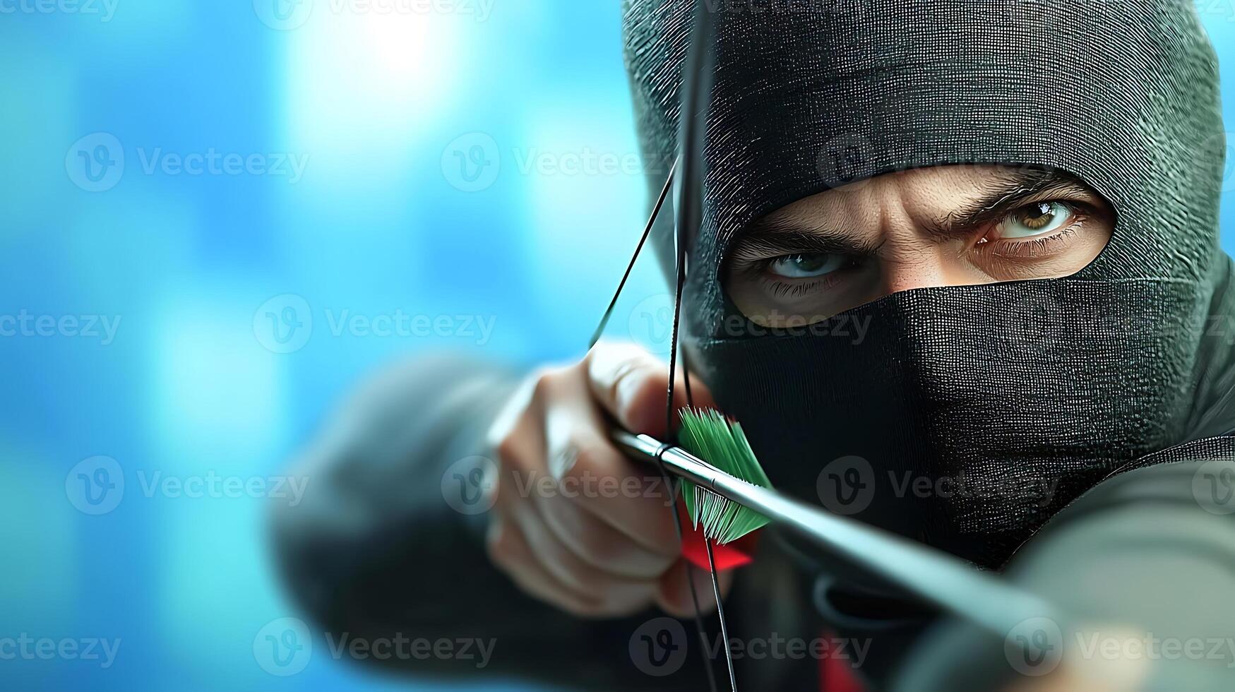 Skilled archer in ninja attire aiming with bow and arrow against a blurred blue background photo