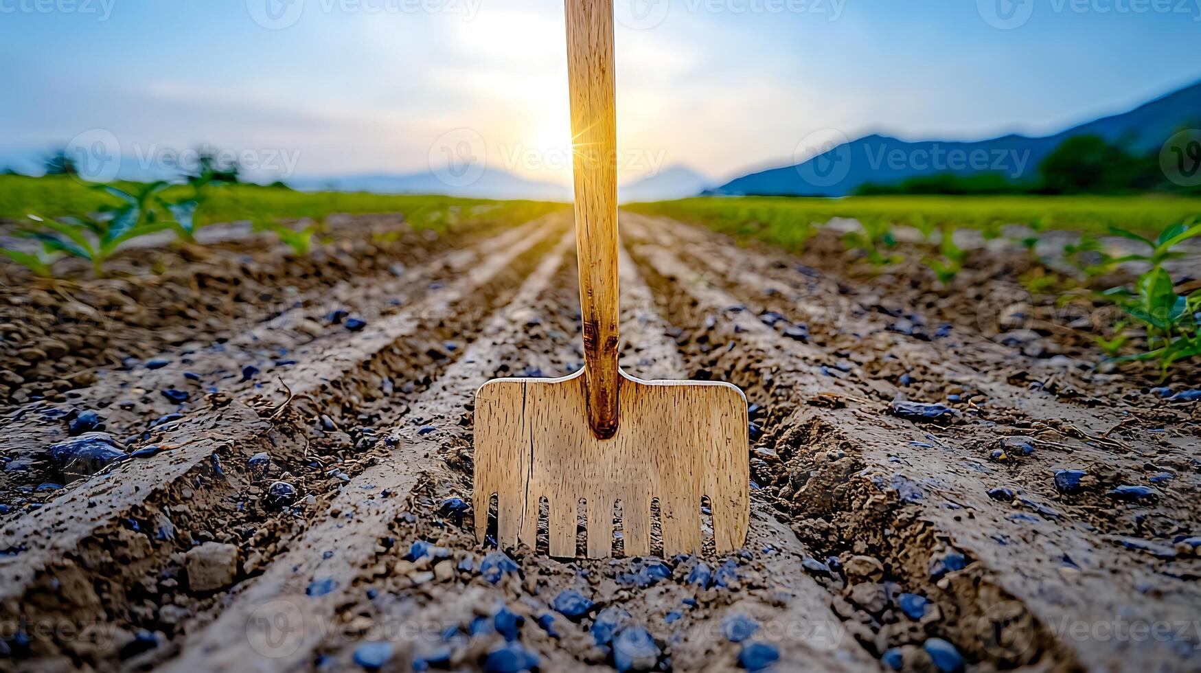 Wooden garden fork standing upright in freshly tilled soil during sunset with mountains in background photo