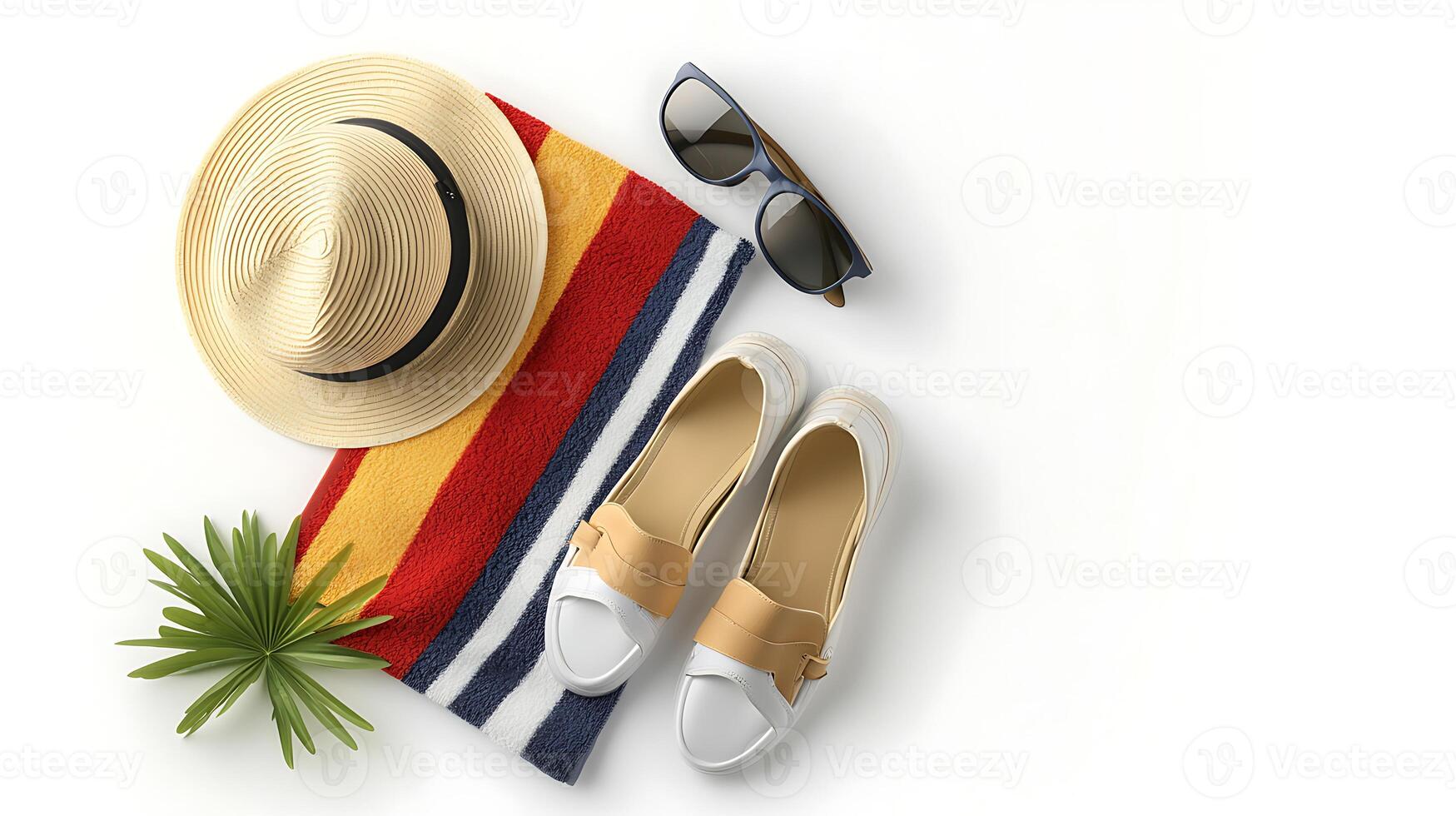 Summer beach essentials including a straw hat, sunglasses, shoes, and a colorful towel on white background photo