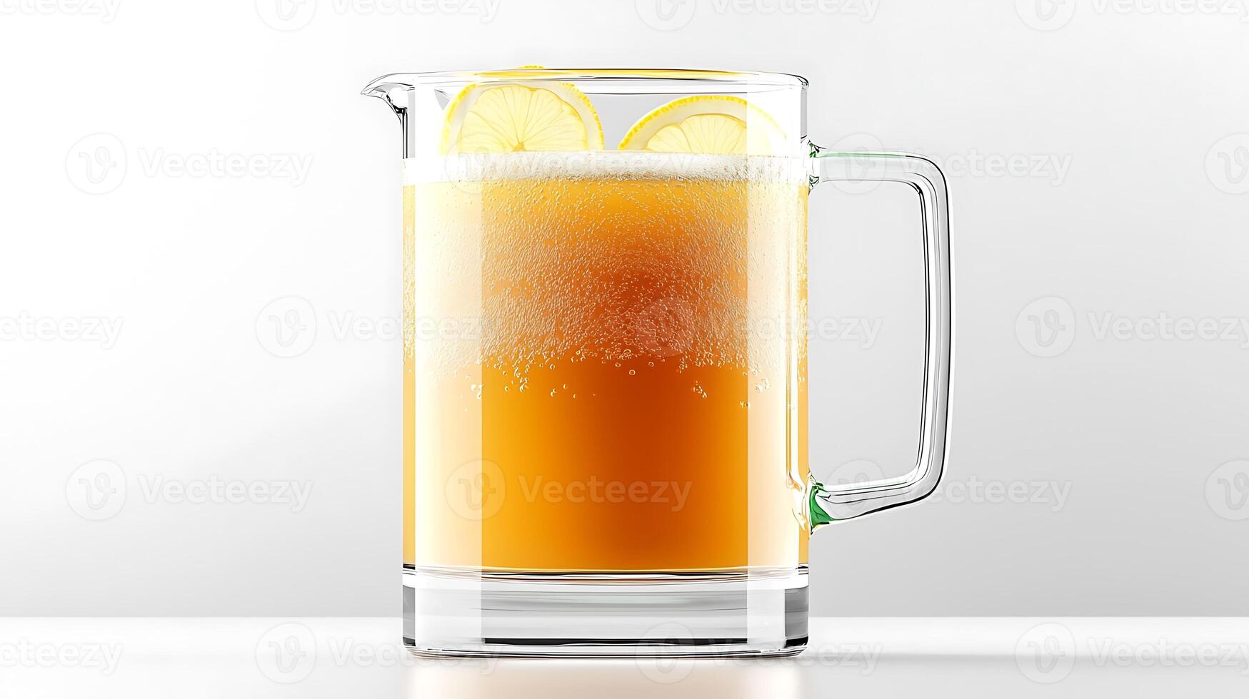 Refreshing pitcher of lemonade with lemon slices, set against a minimalist background photo