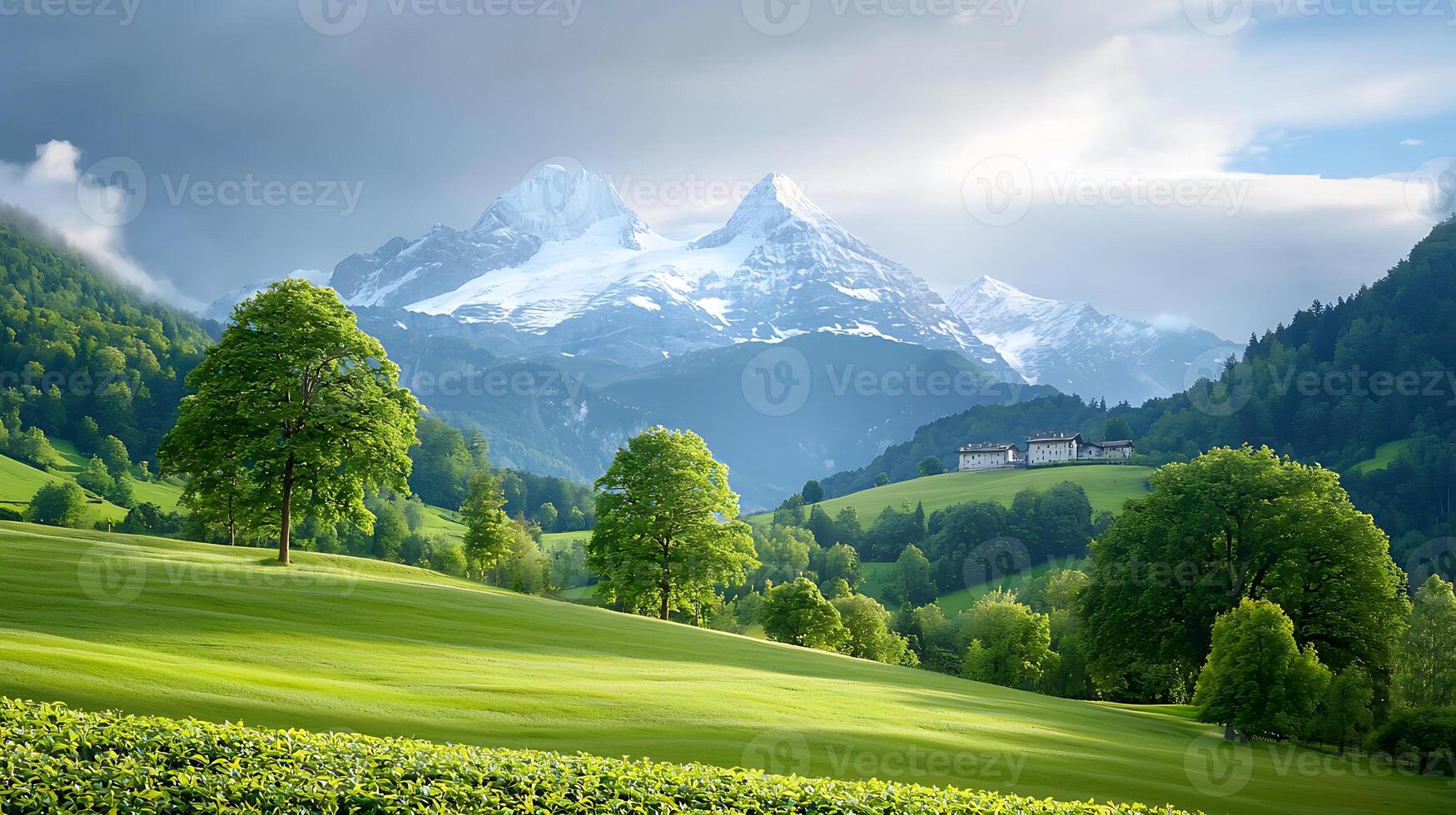 Scenic view of majestic mountains with lush green fields and a tranquil farmhouse in the background photo