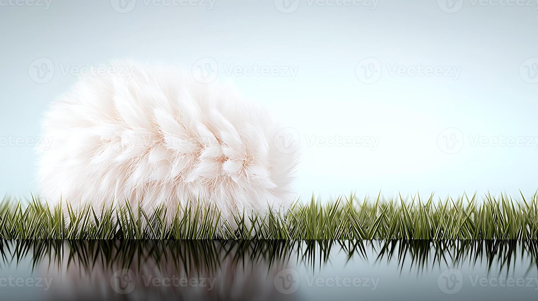Soft, fluffy object resting on vibrant green grass with a serene background and reflection photo