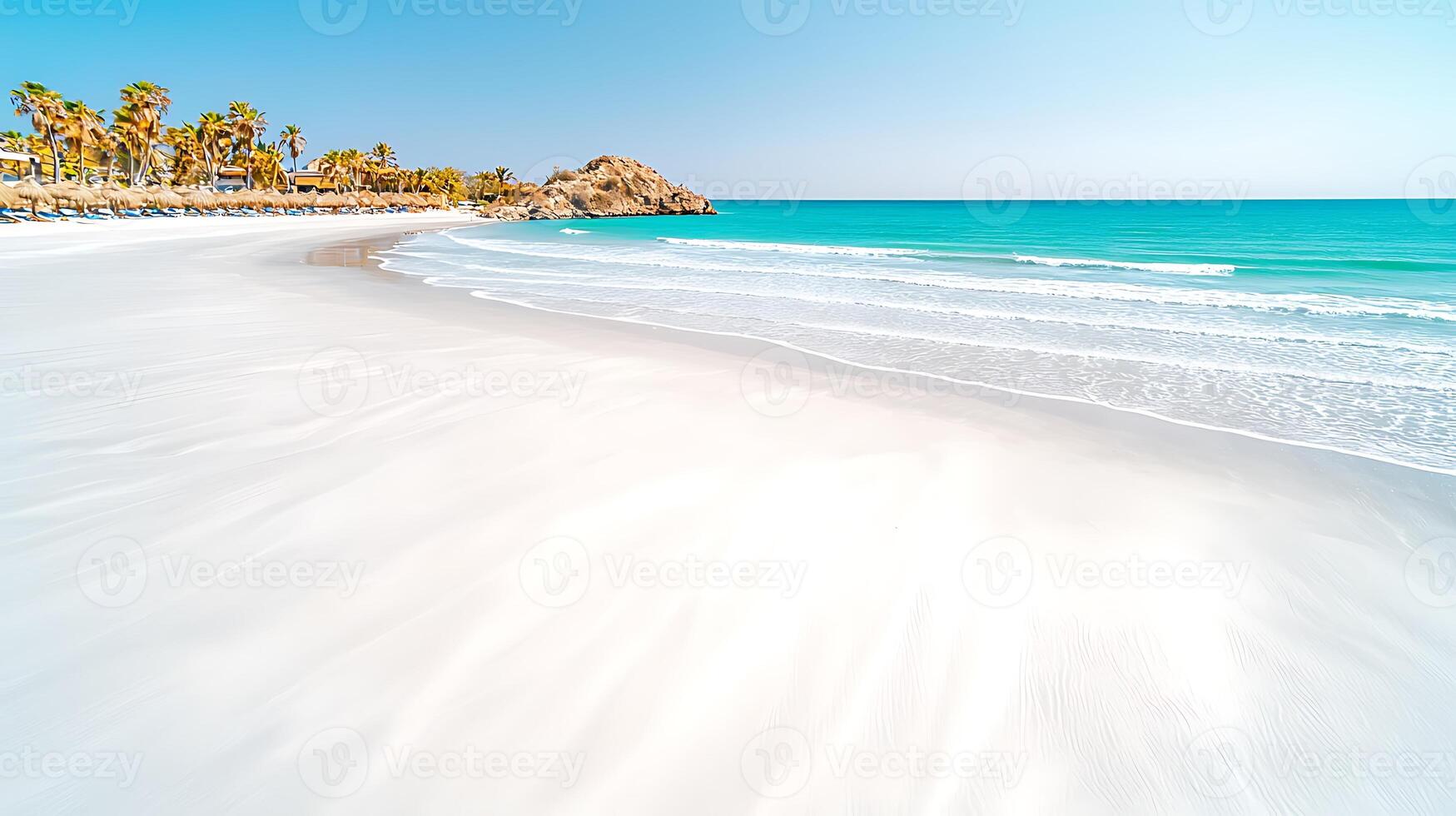 Serene Beach with Soft White Sand and Turquoise Waves Under Clear Blue Sky photo