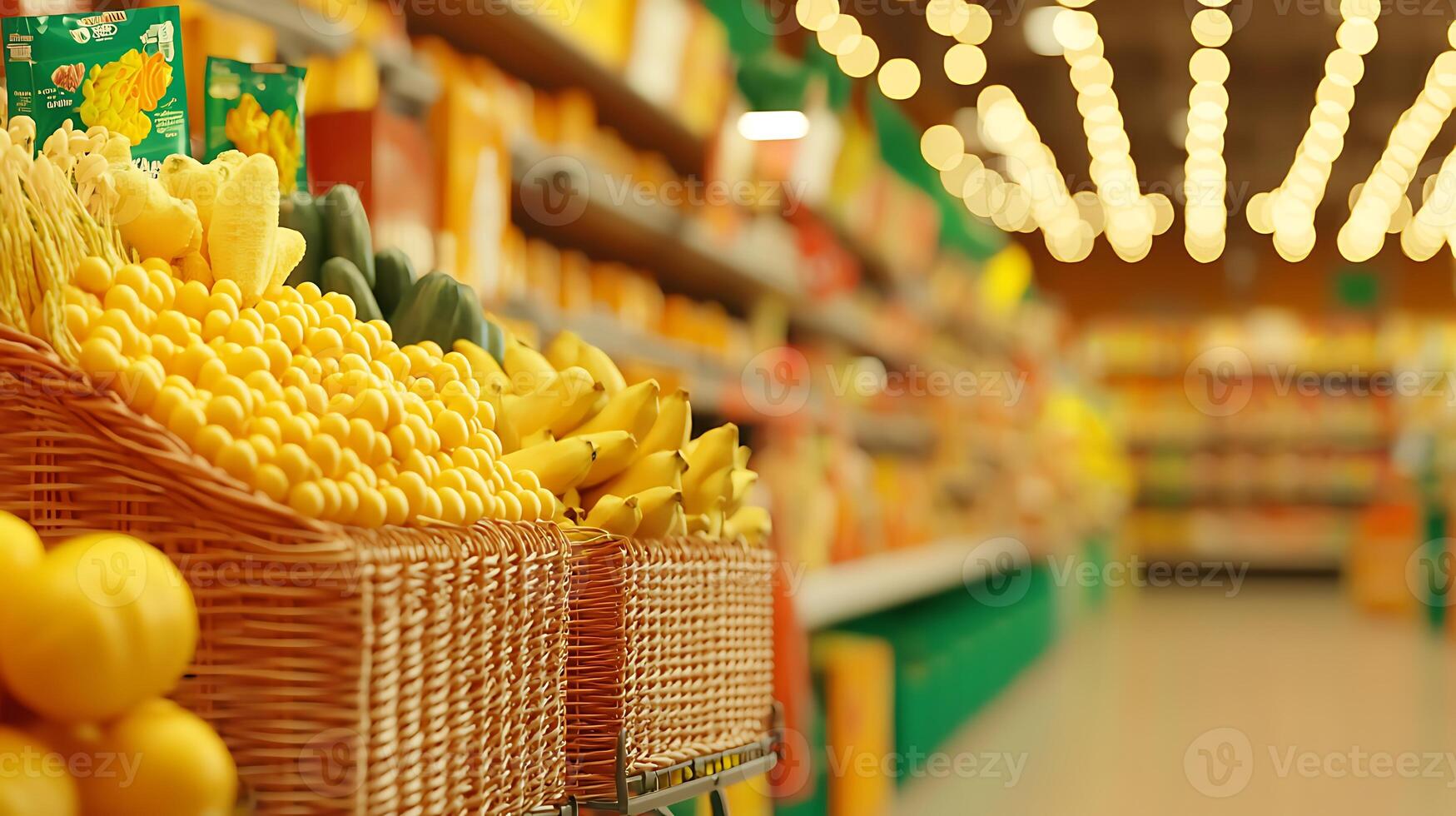 Vibrant display of fresh fruits and vegetables in a grocery store aisle with bright lighting photo