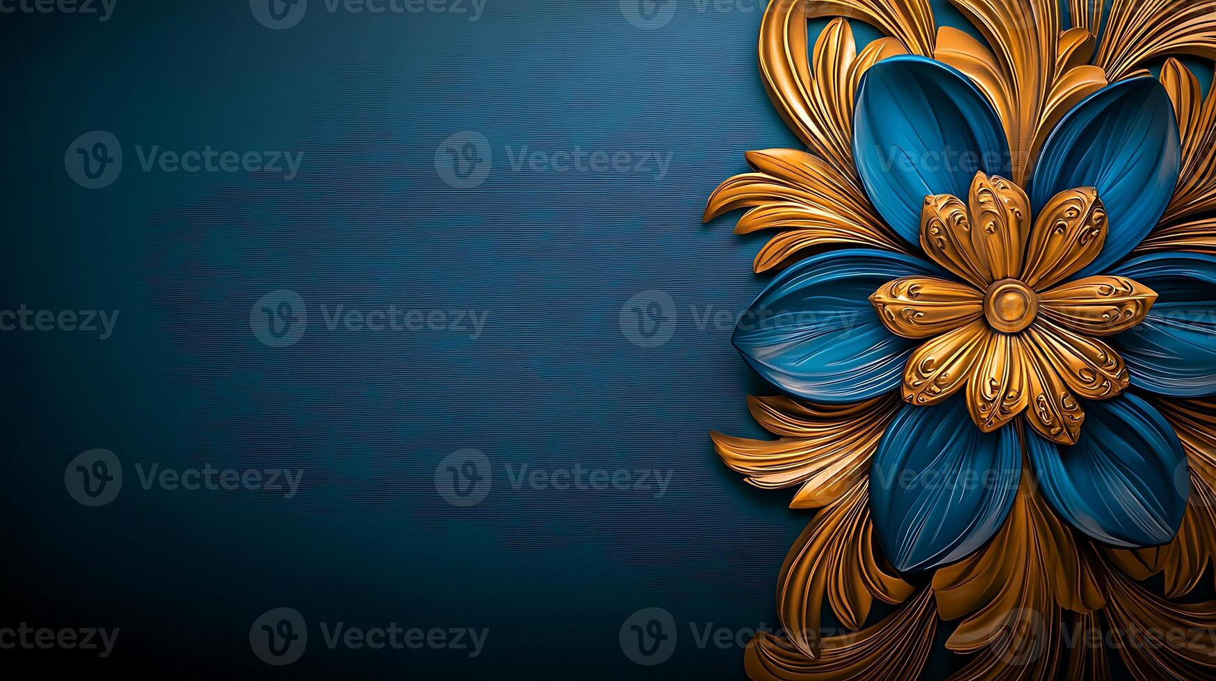 Ornate blue and gold floral design on textured dark background, ideal for elegant decor projects photo
