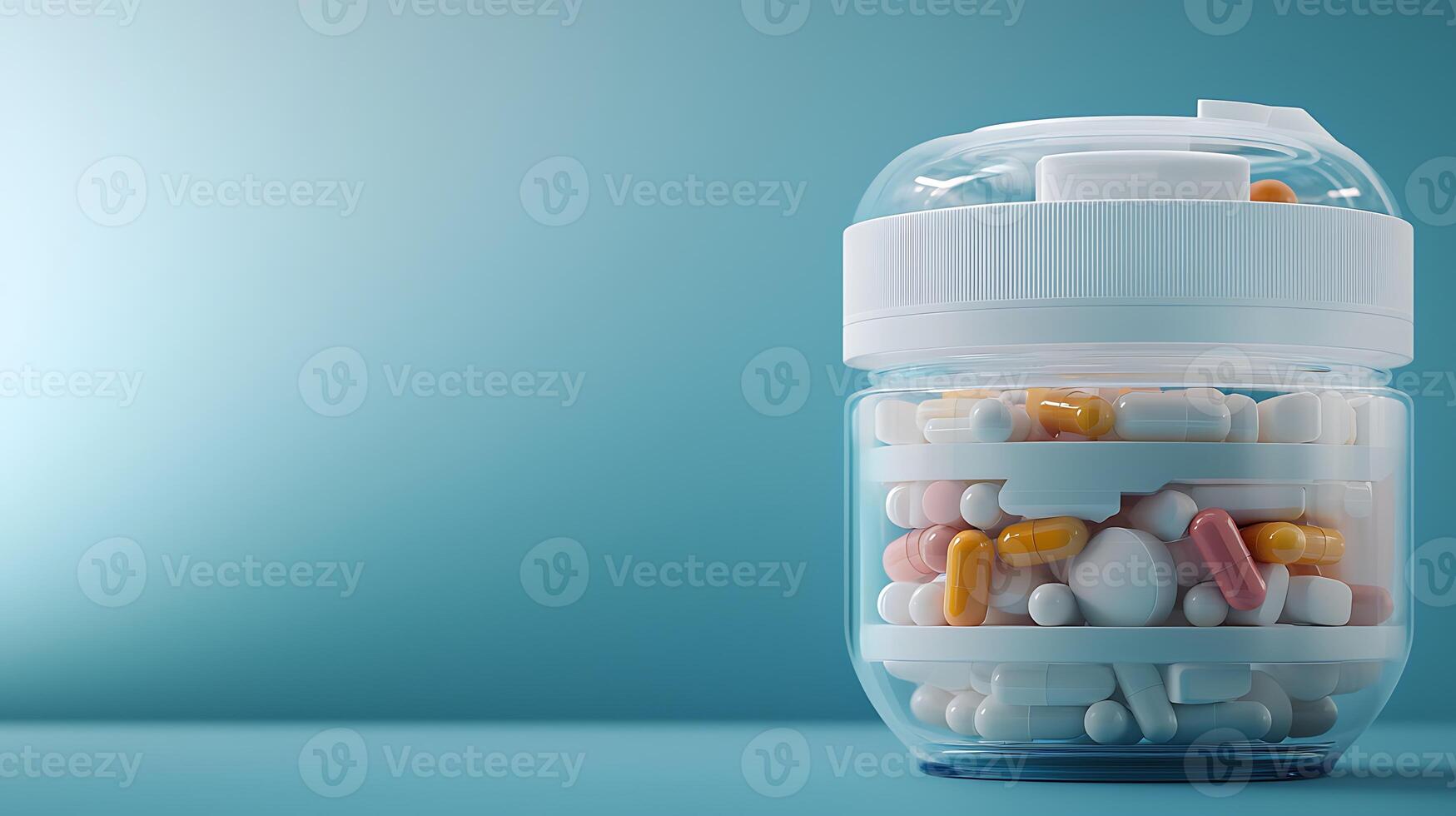 Close-up of a transparent pill bottle filled with colorful capsules against a soft blue background photo