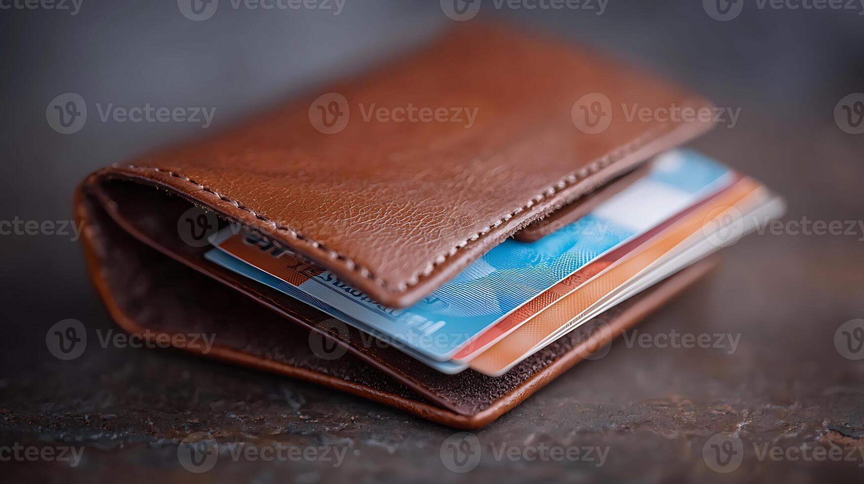 Close-up of a brown leather wallet with credit cards partially visible on a textured surface photo