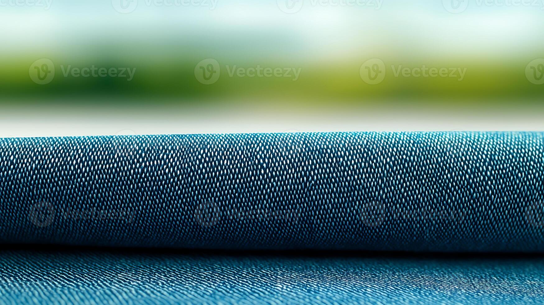 Close-up of a folded blue fabric with a blurred natural background, showcasing texture photo