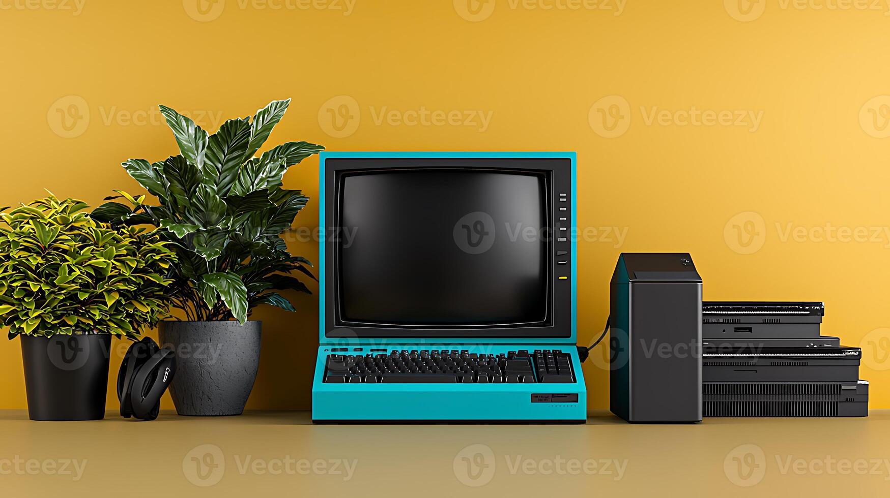 Retro computer setup with plants and accessories against a vibrant yellow wall background photo