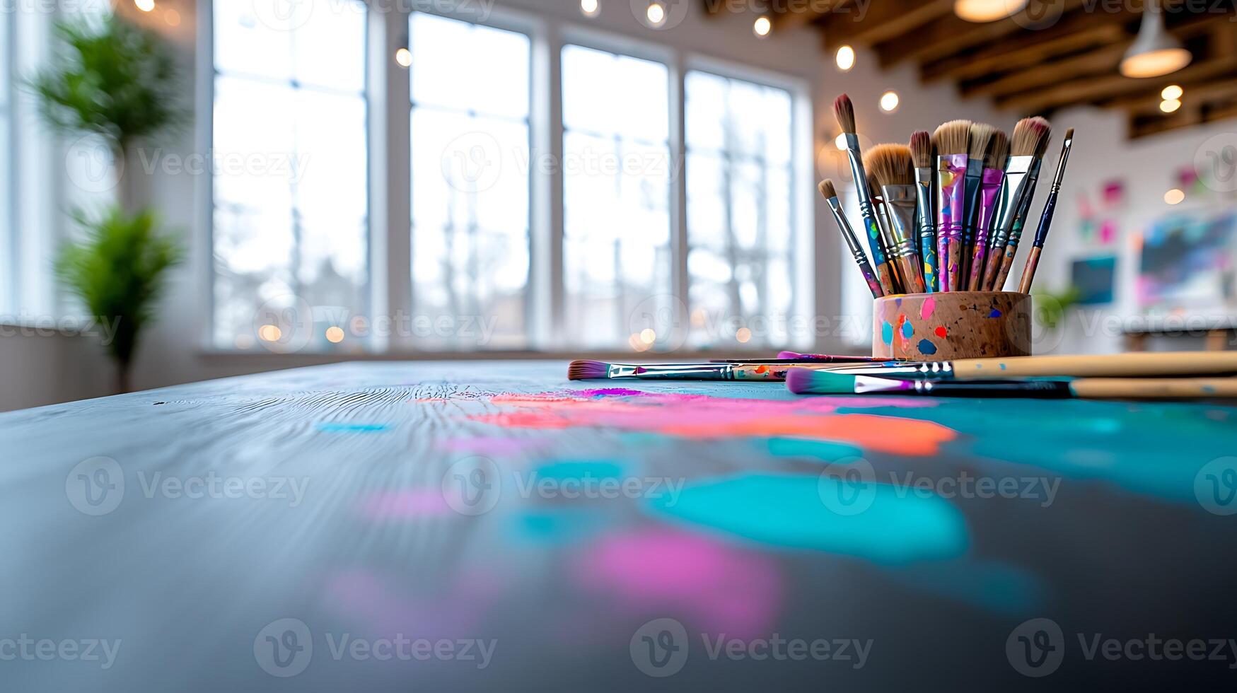 Vibrant art studio scene featuring paint splashes and brushes on a wooden table, bright windows photo