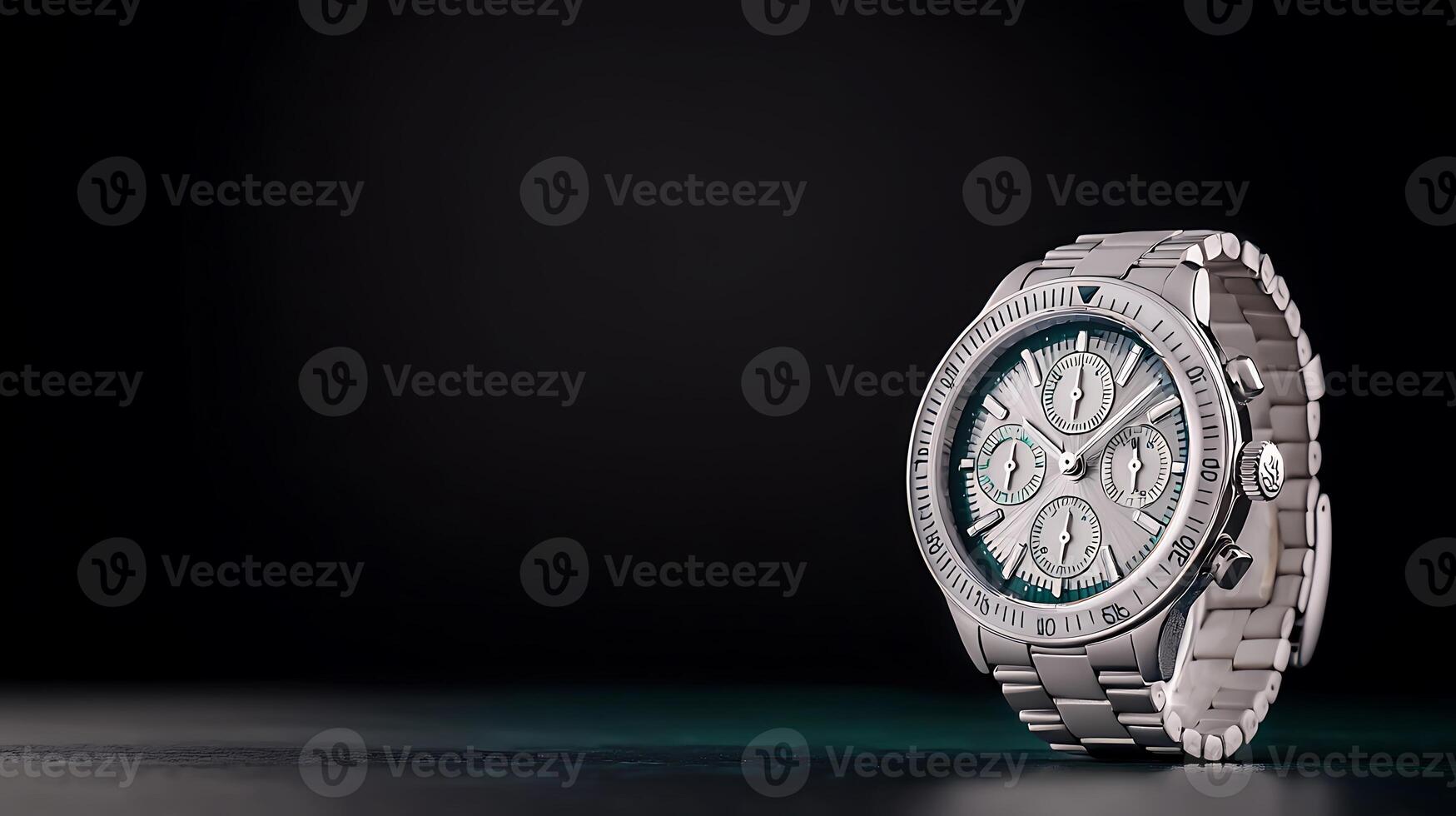 Close-up of a luxury wristwatch on a dark reflective surface showcasing intricate details photo