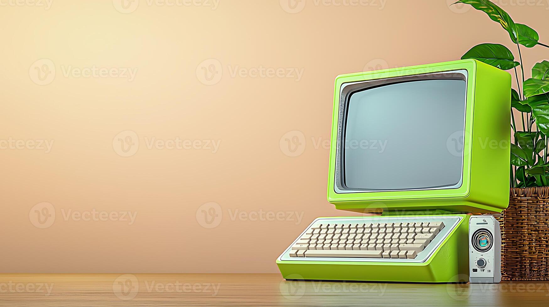 Vintage green computer on a wooden desk with a plant in the background, creating a retro vibe photo
