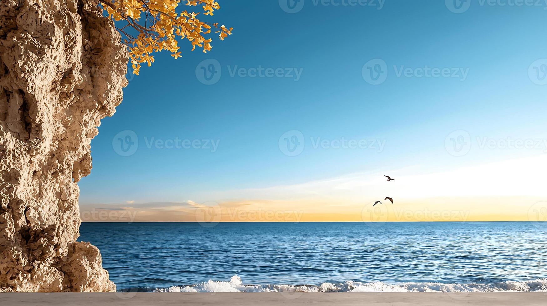 Serene coastal view at sunset with rocky cliff, gentle waves, and flying birds in the background photo