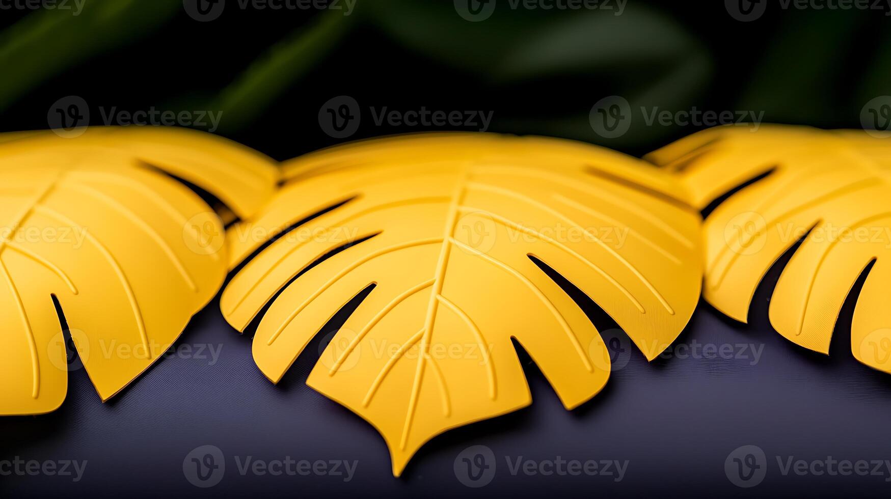 Vibrant yellow tropical leaves arranged aesthetically on a dark surface with blurred greenery photo