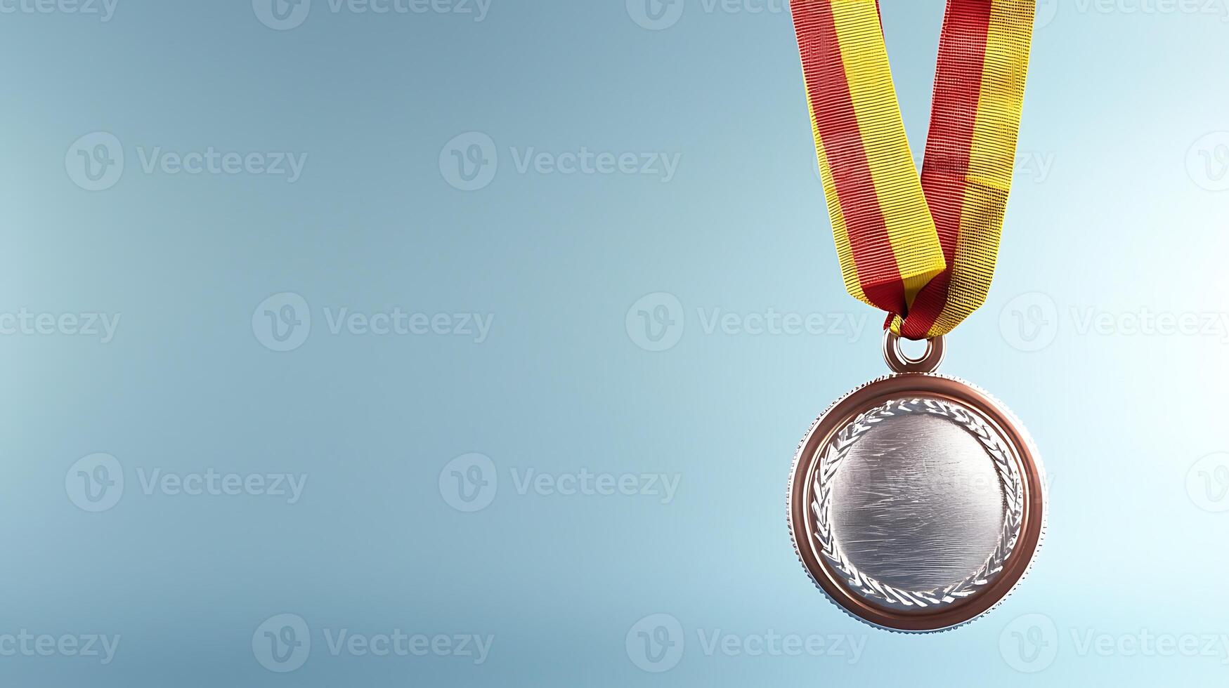 Silver medal with red and yellow ribbon against a soft blue background, symbolizing achievement photo