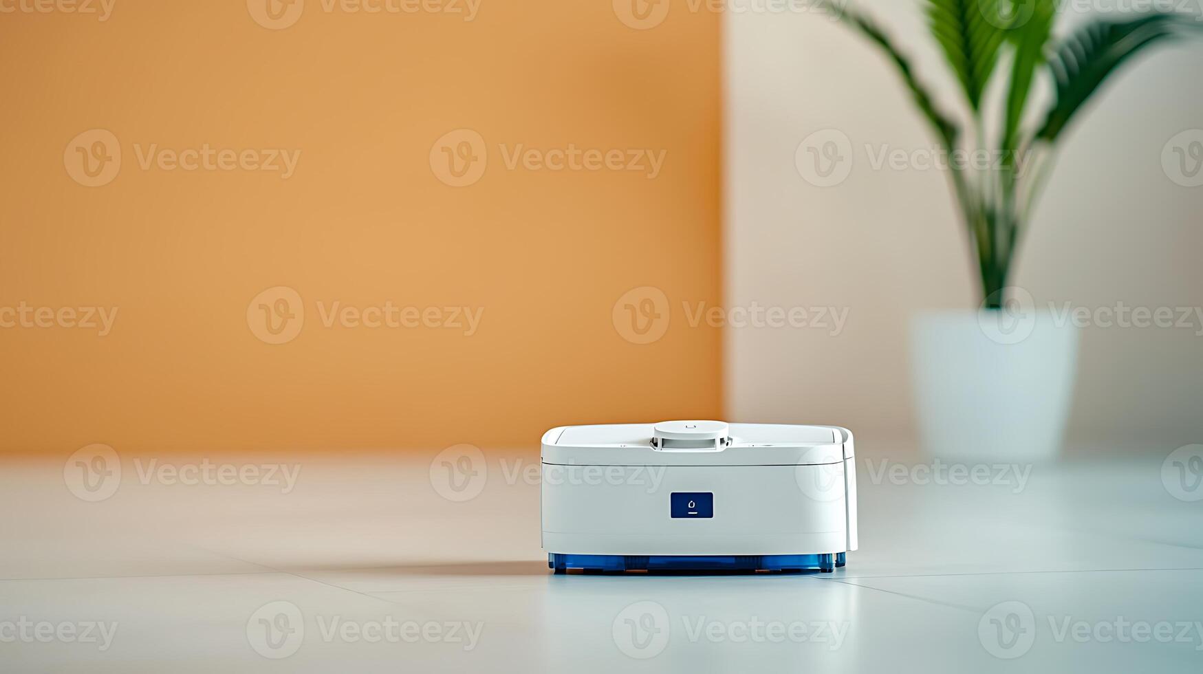 Modern robotic vacuum cleaner on a sleek floor with a minimalist background and greenery photo