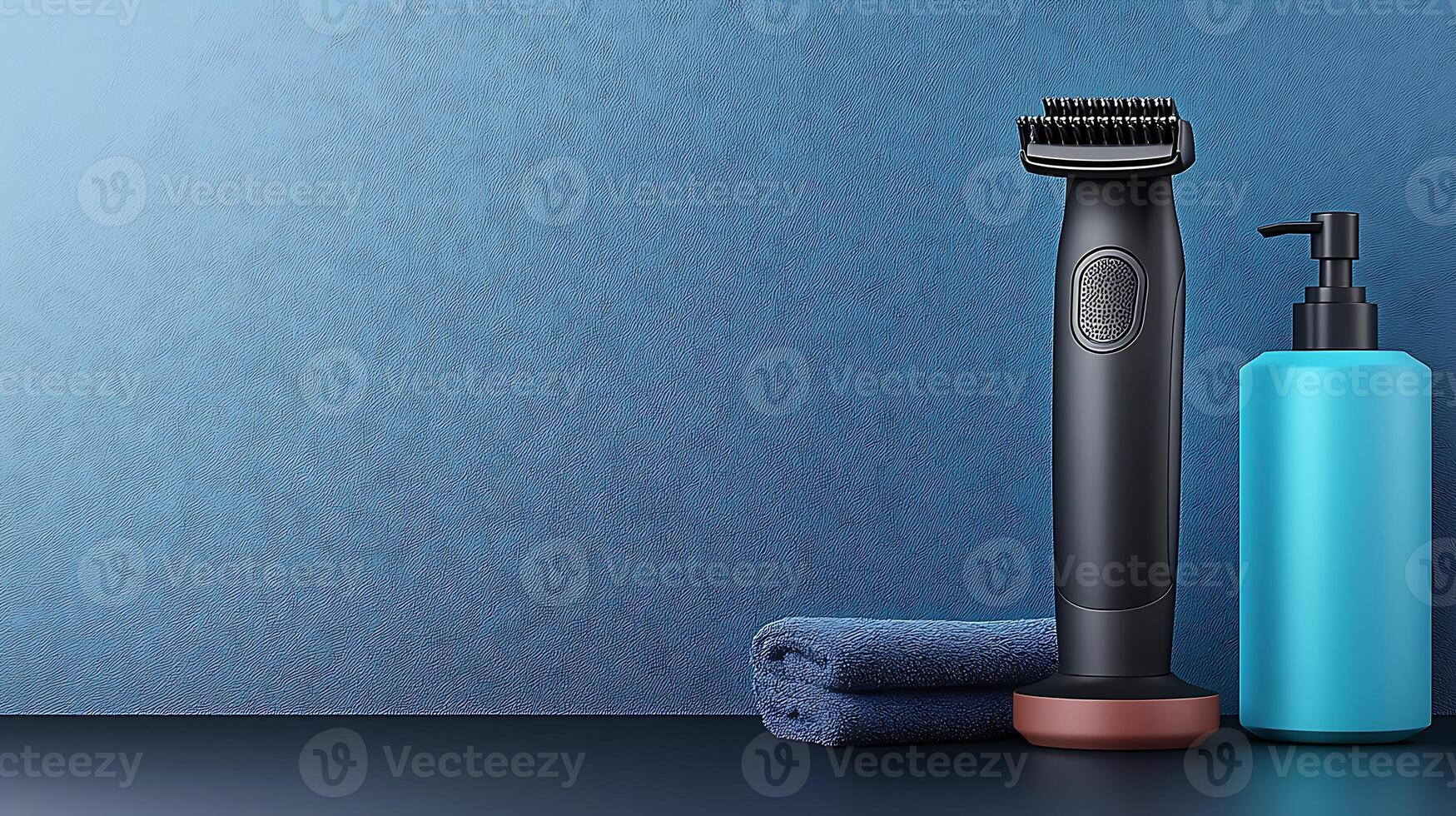Sleek grooming tools arranged on a modern countertop with a blue backdrop and soft towels photo