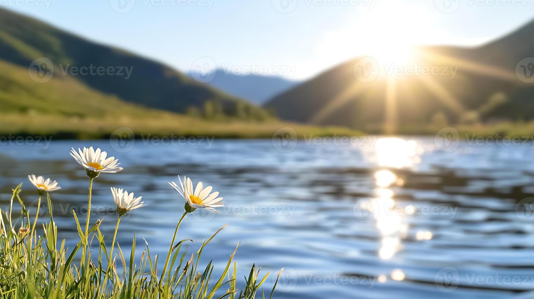 Scenic view of daisies by a tranquil river at sunset with mountains in the background photo
