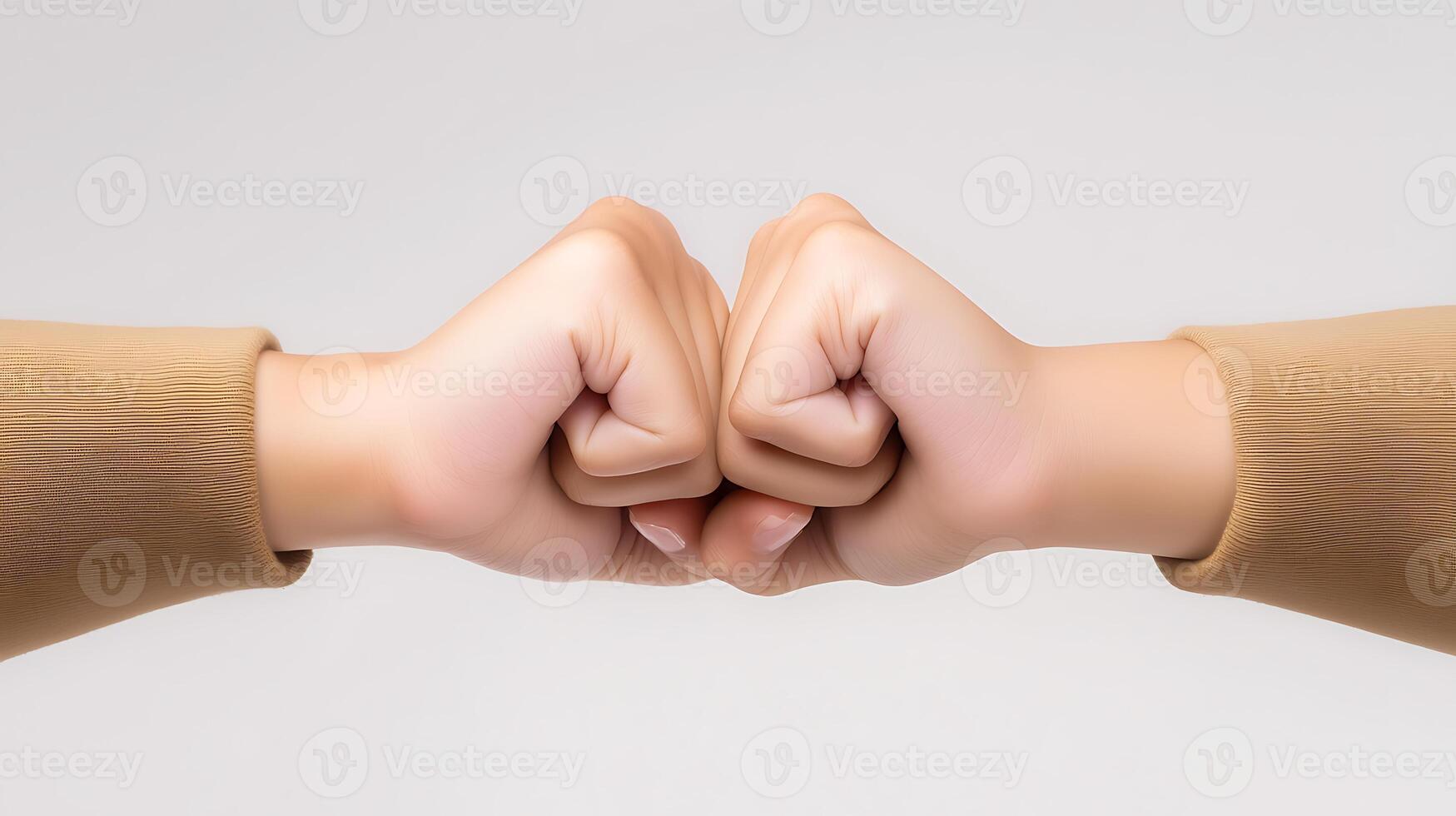 Two hands performing a fist bump, symbolizing camaraderie and unity against a plain background photo