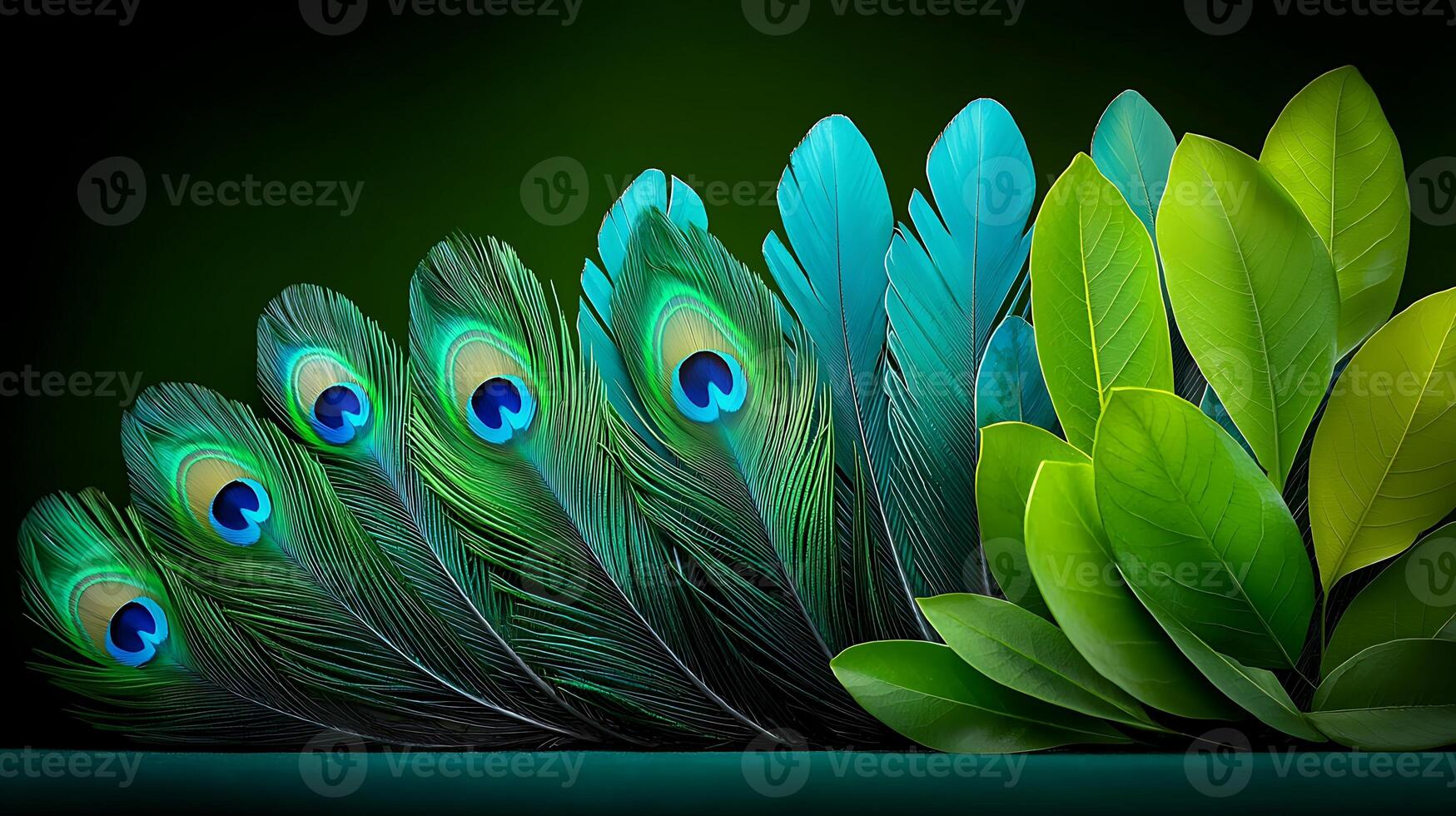 Vibrant peacock feathers arranged artistically beside lush green leaves on a dark background photo