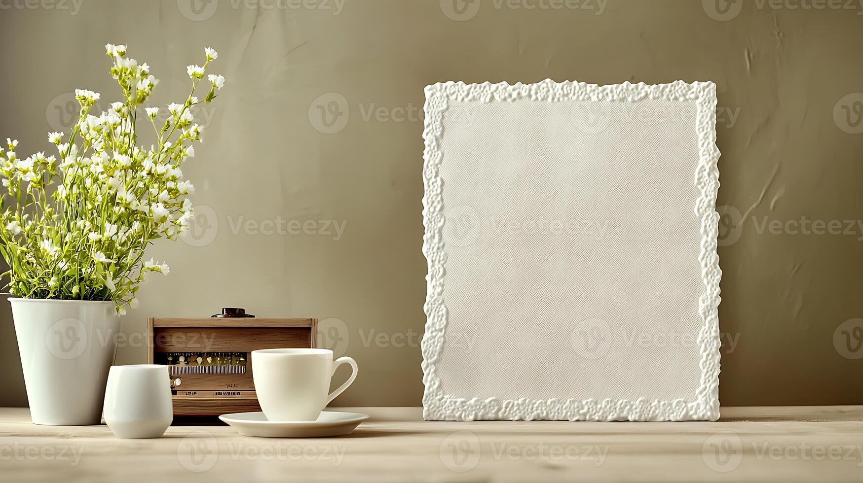 A serene tabletop scene featuring a blank textured paper frame, a white cup, and a flower vase photo