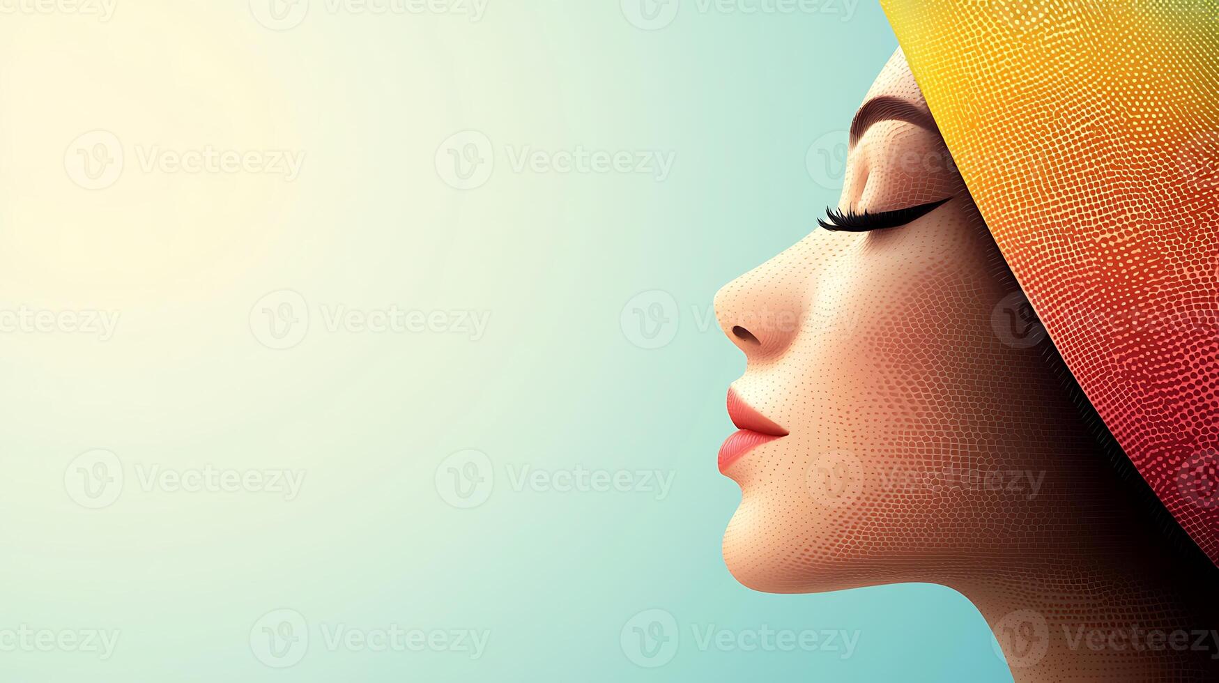 Profile of a woman with vibrant headwear against a soft gradient background, showcasing beauty photo