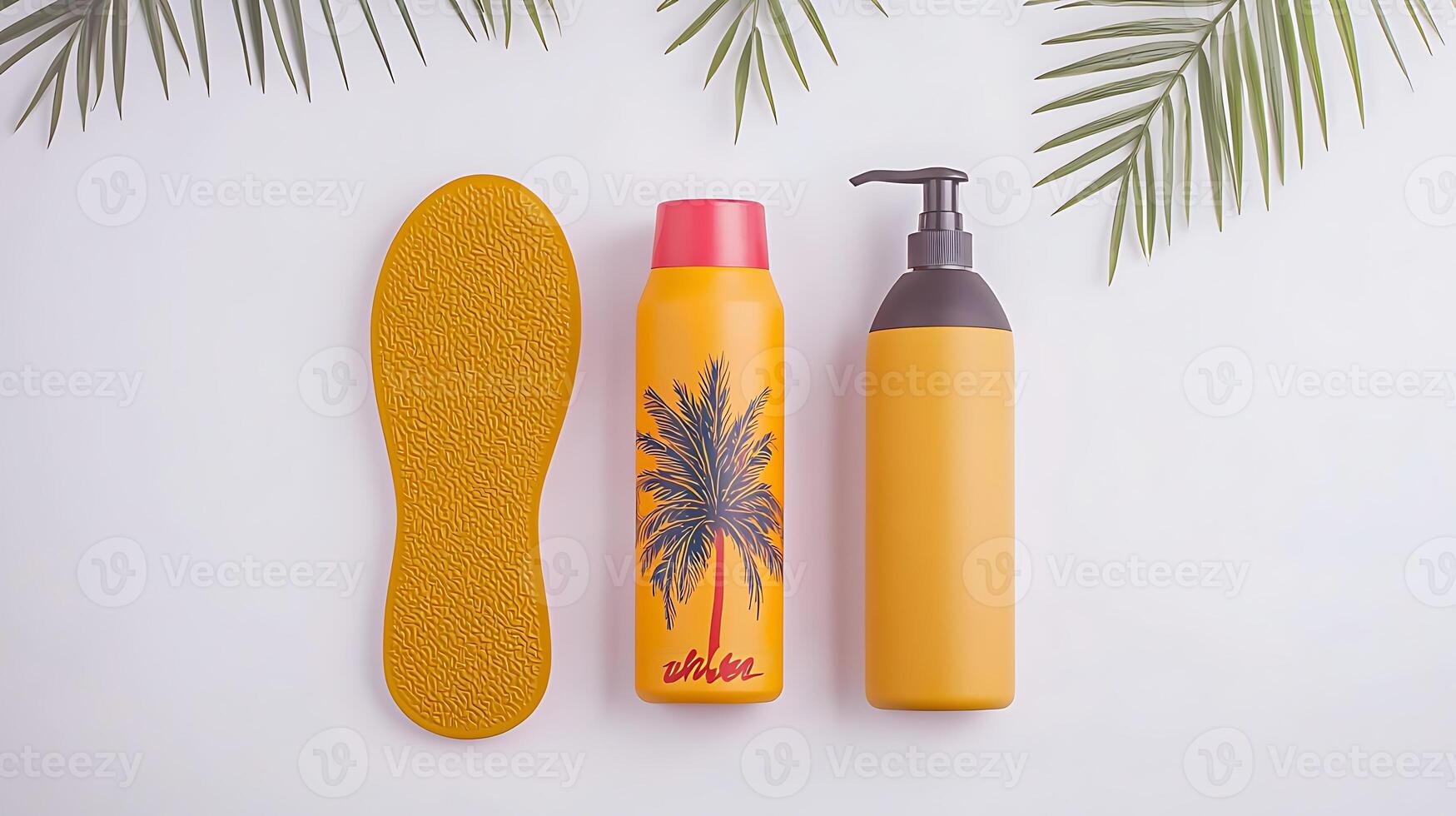 Vibrant tropical-themed shampoo and body wash bottles with palm tree design on a white background photo