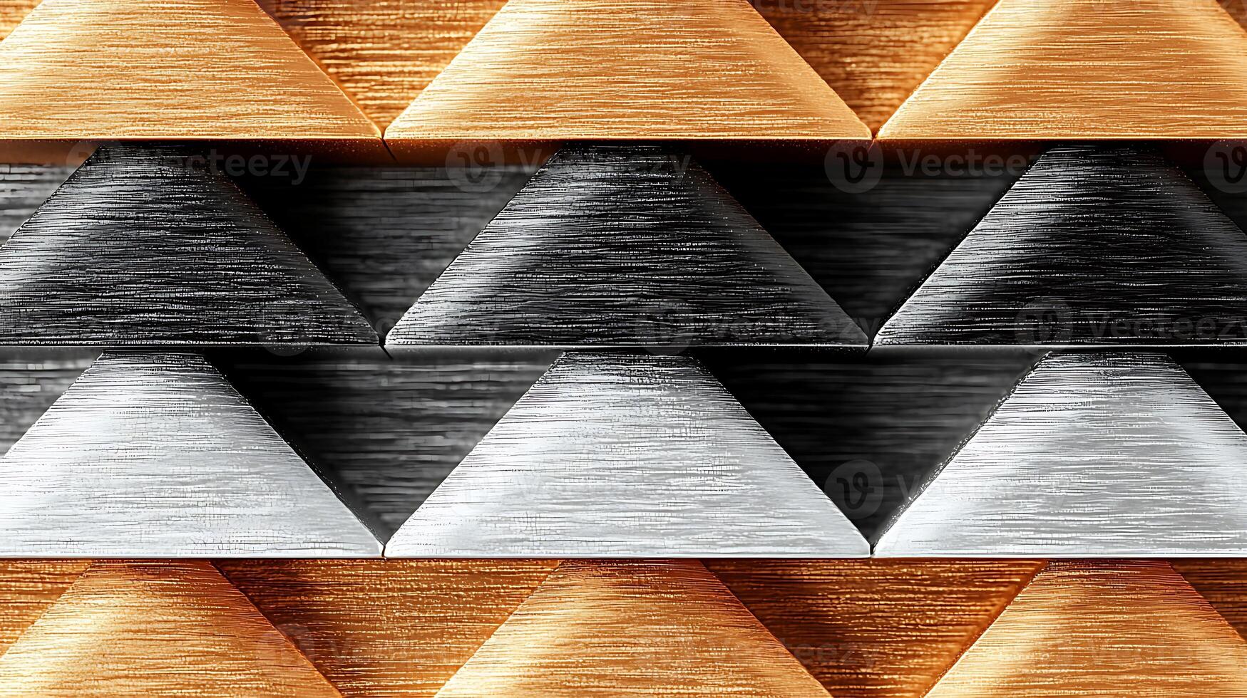 Close-up of textured metallic surface featuring triangular patterns in various colors and finishes photo