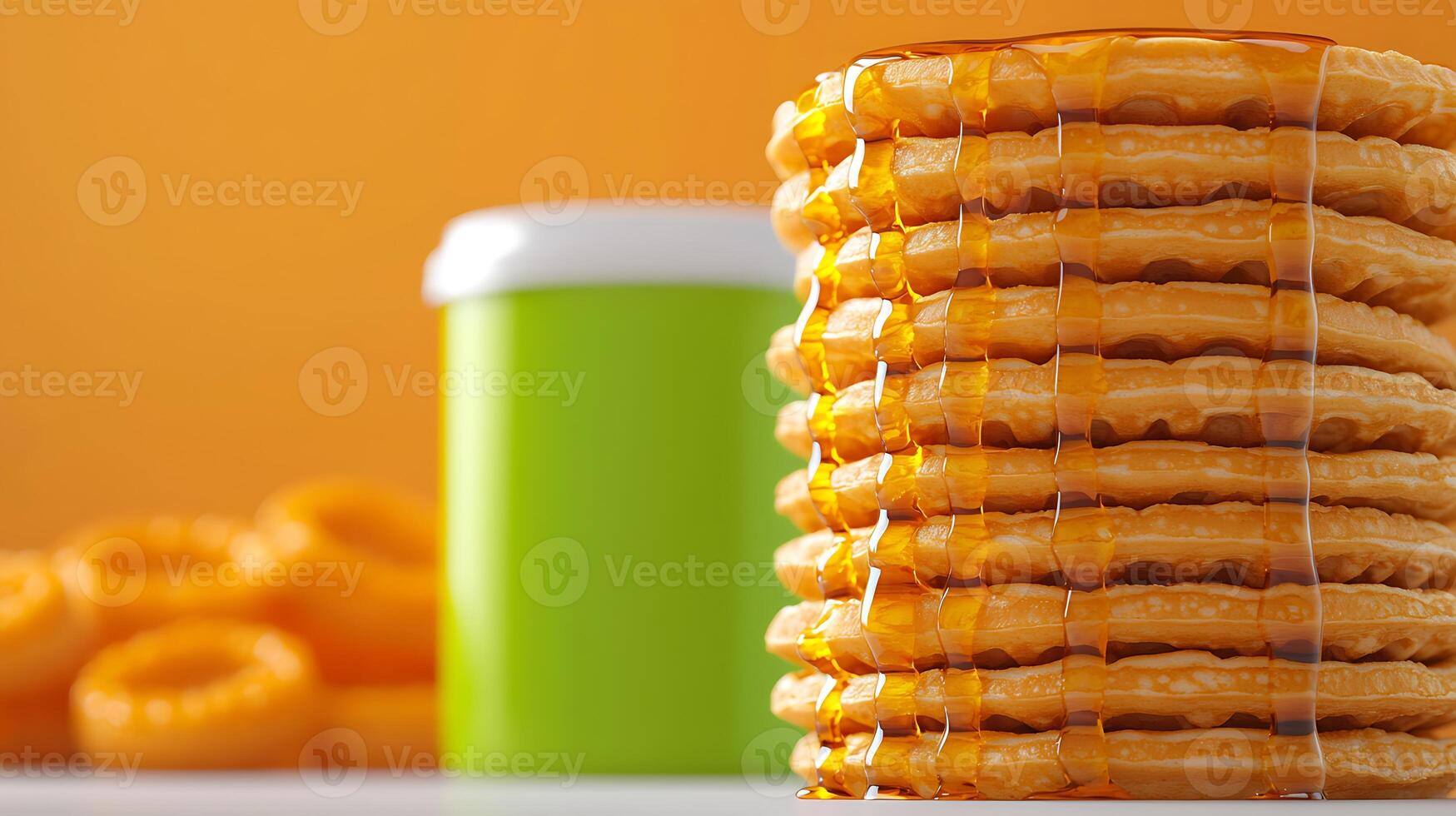 Stacked golden cookies drizzled with syrup beside a vibrant green container on an orange backdrop photo