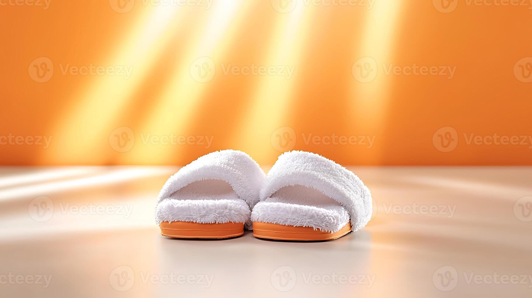 Soft white slippers on a smooth surface with warm orange background and gentle light rays photo