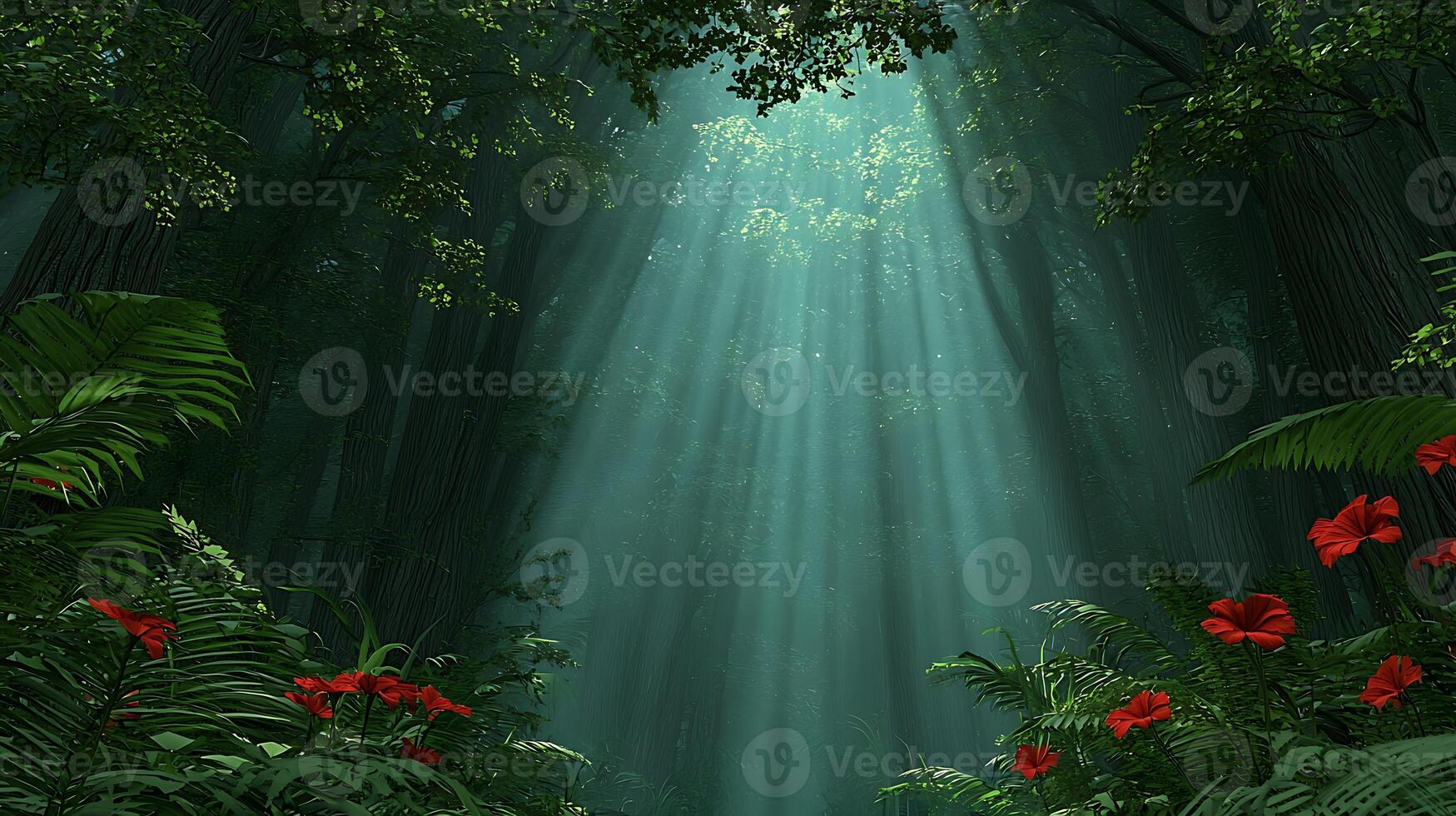 Sunlight filters through dense forest canopy, illuminating vibrant flowers and lush greenery photo