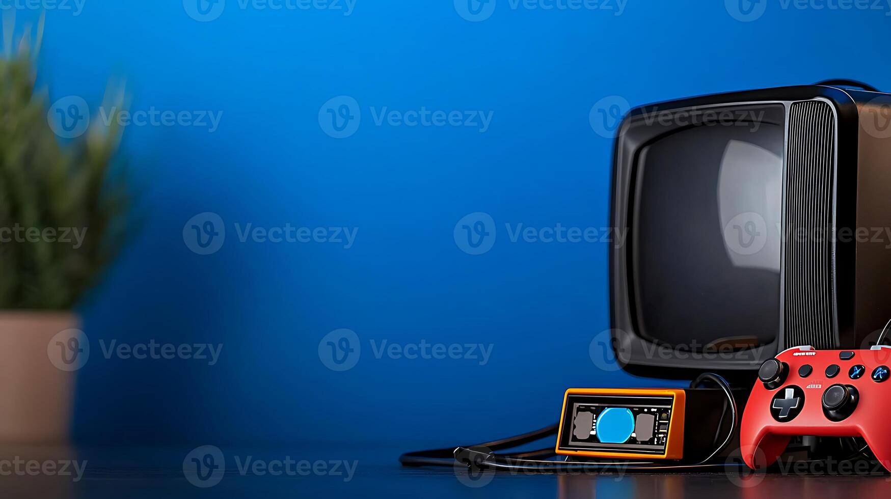 Retro gaming setup featuring a vintage television and modern controller against a blue backdrop photo