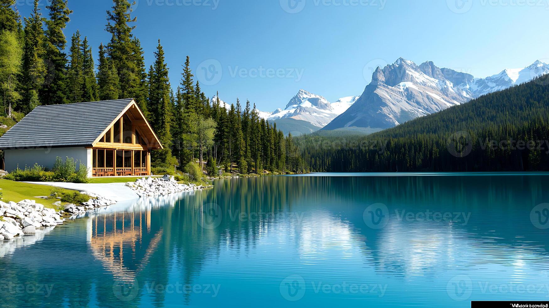 Serene lakeside cabin surrounded by lush forests and majestic mountains under a clear blue sky photo