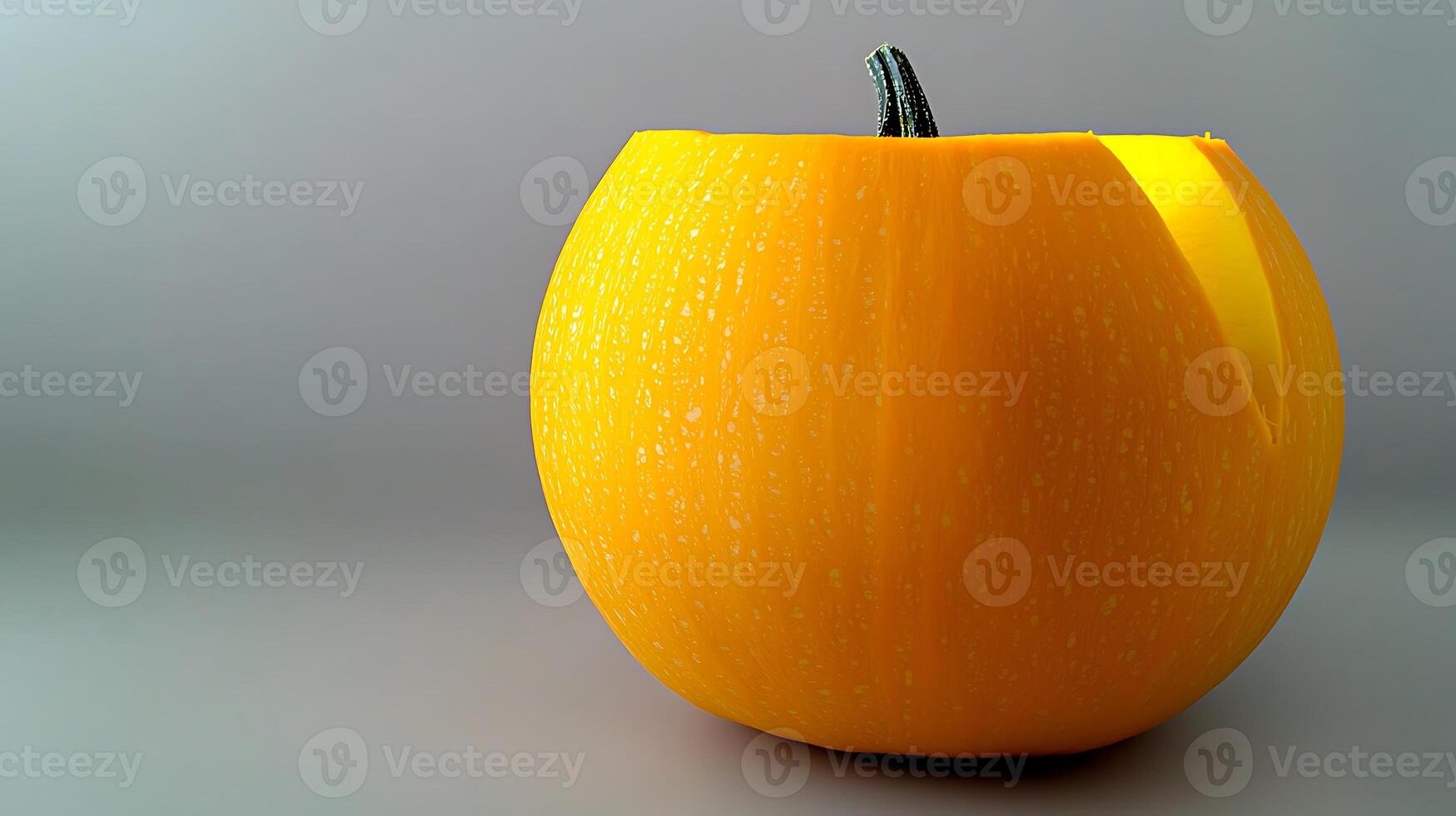 Vibrant orange pumpkin with a cut, showcasing its texture and color against a neutral background photo