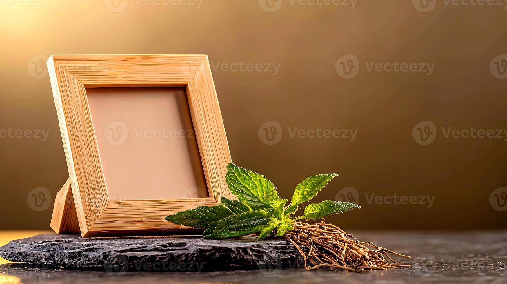 Wooden photo frame on a stone base with fresh mint leaves and roots against a soft background