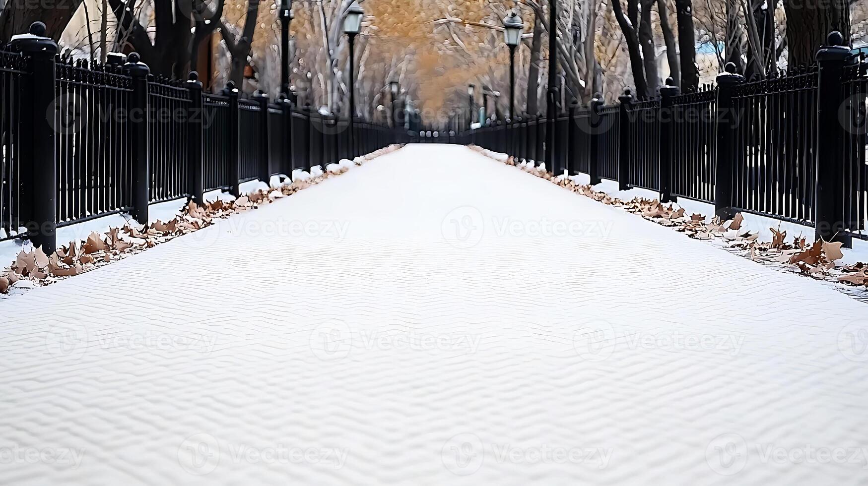 Serene winter pathway lined with trees shedding leaves, inviting peaceful strolls in a snowy park photo