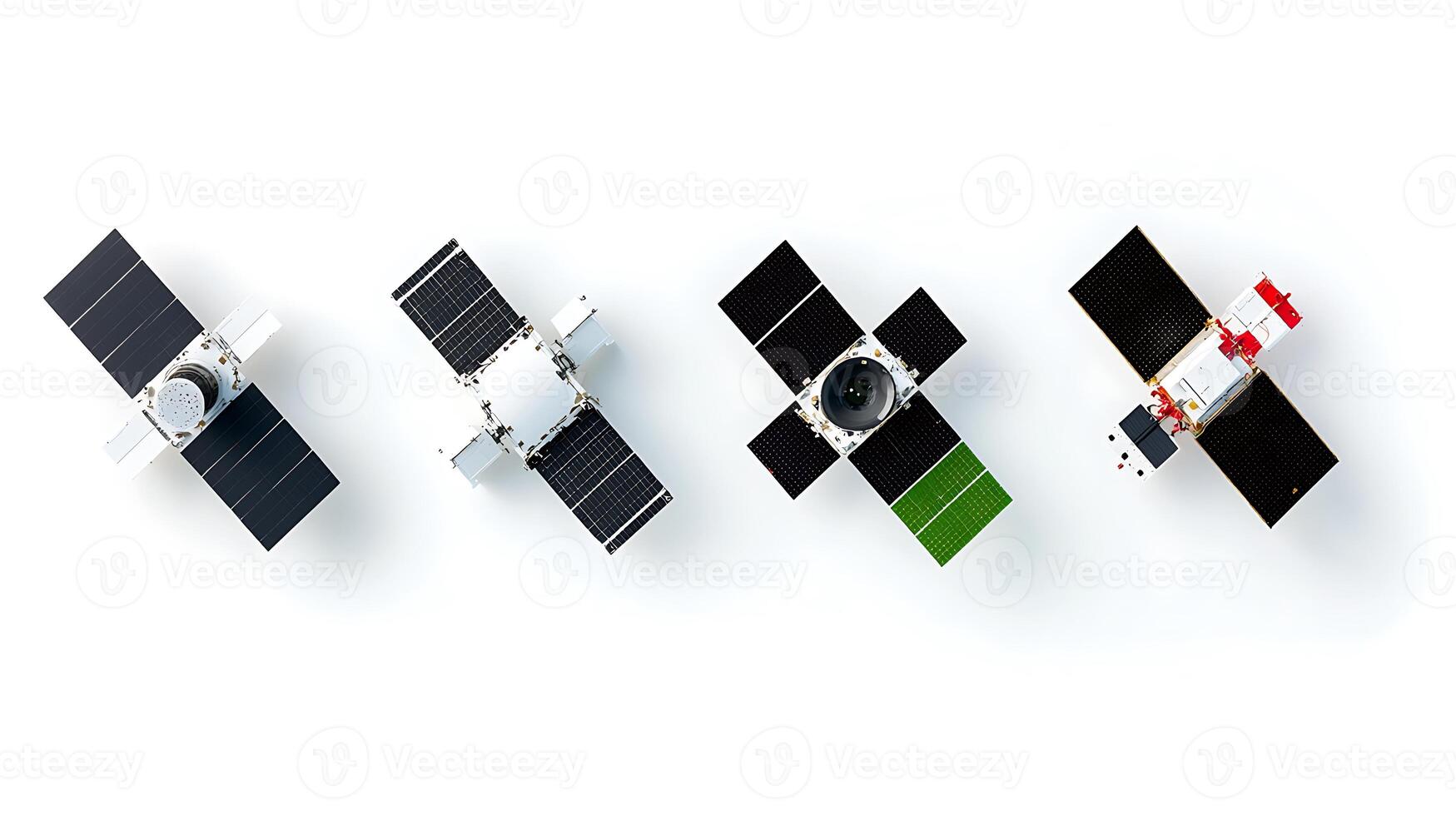 Aerial view of four different satellite models arranged in a row on a white background photo