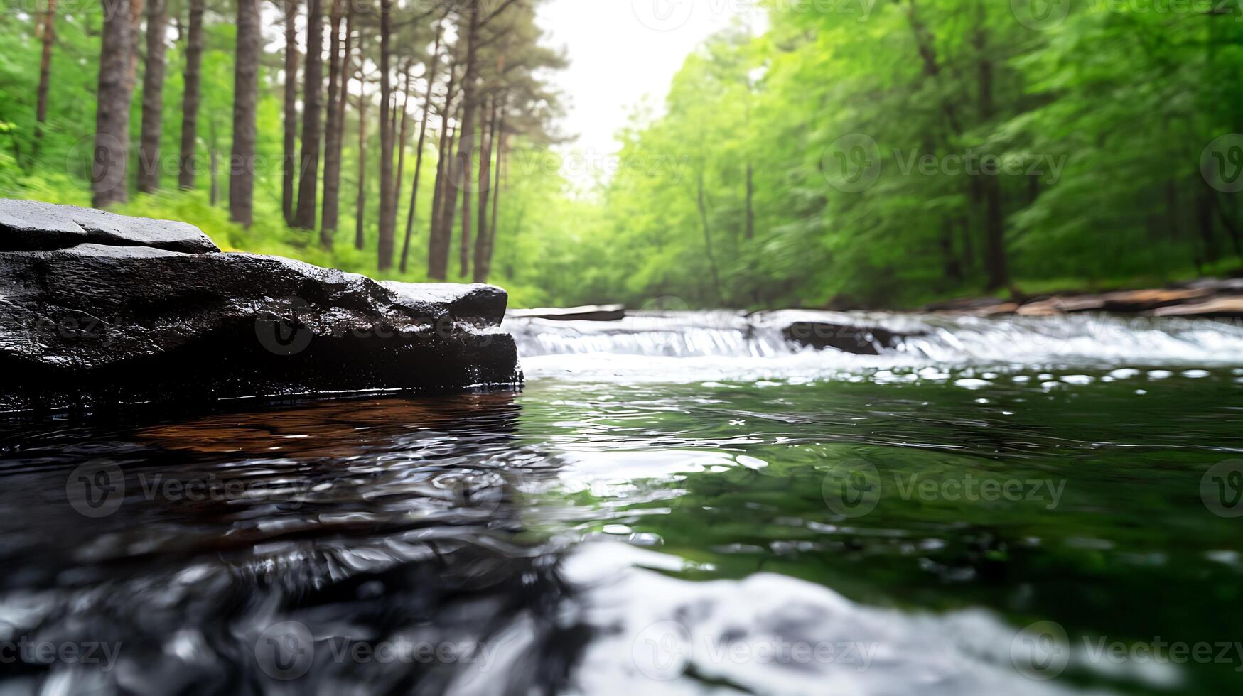 Serene river flowing through lush green forest with gentle ripples and smooth rocks in foreground photo
