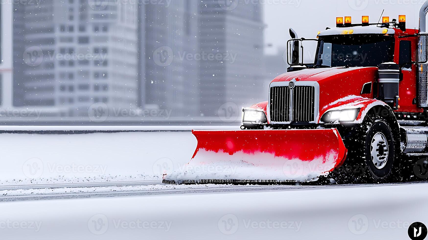Snowplow clearing a city street during a heavy snowfall, skyscrapers in the background photo