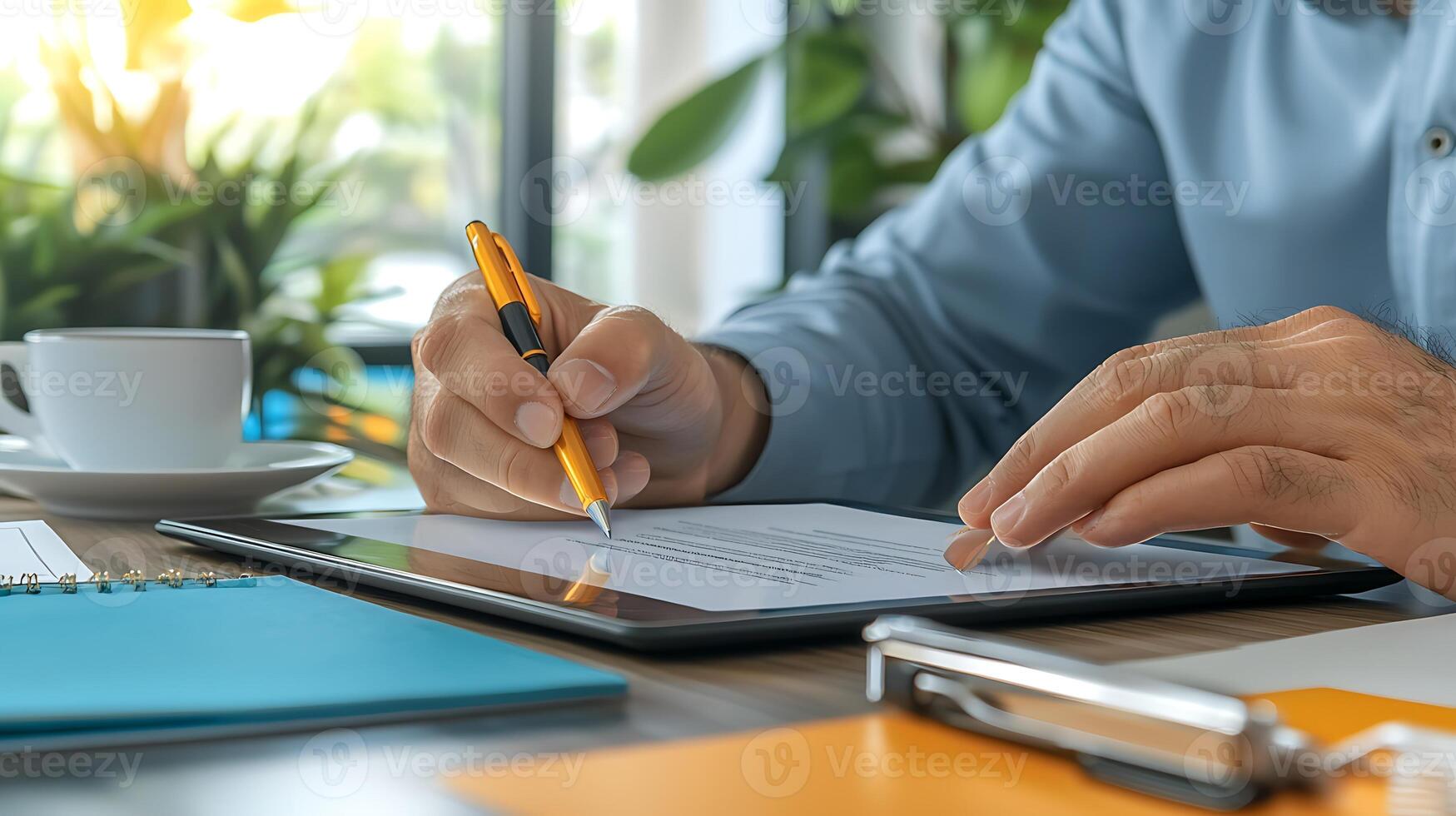 A person writing on a tablet at a desk with a cup of coffee and plants in the background photo