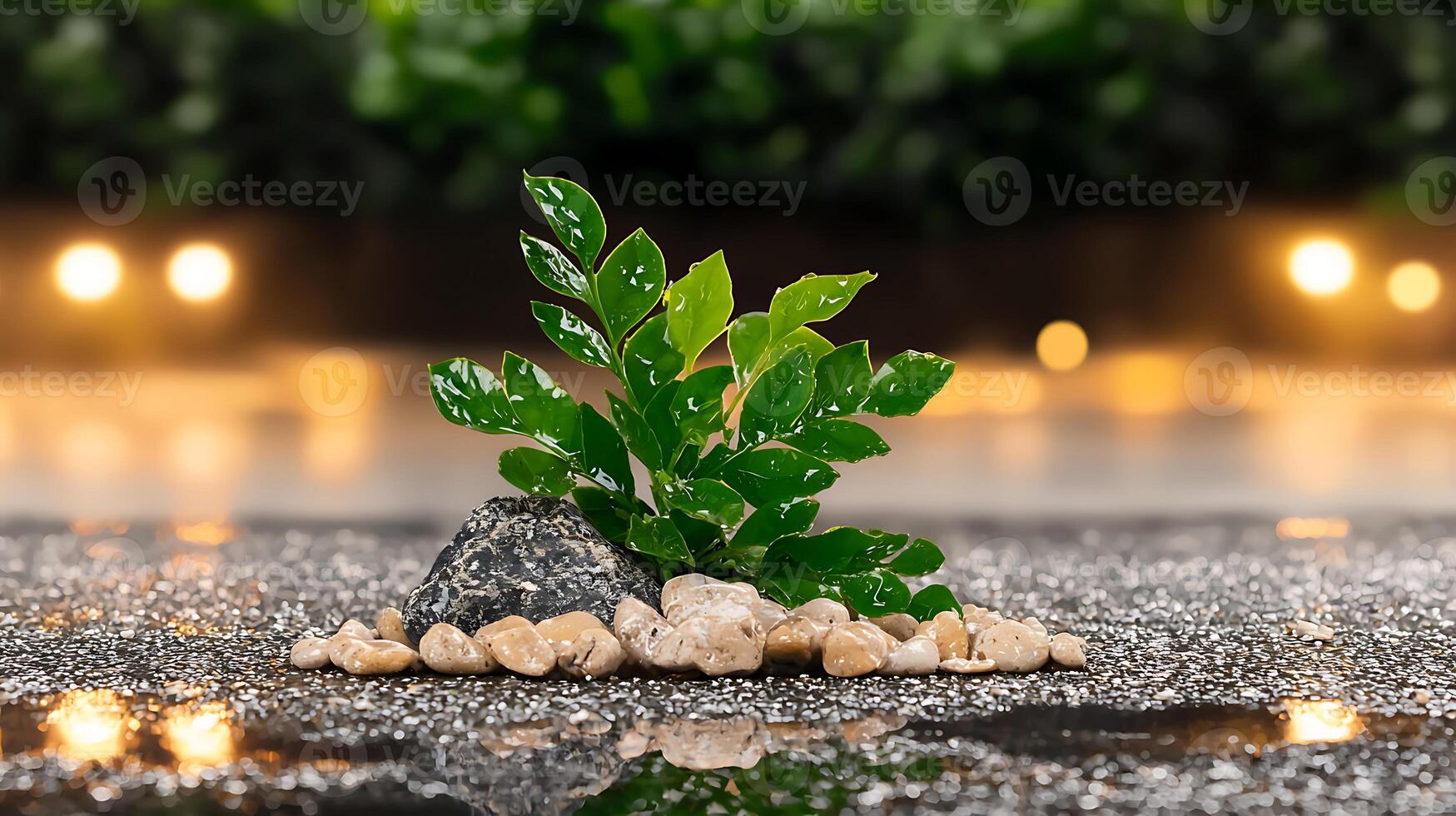 Lush green plant with droplets on leaves, surrounded by pebbles, set against a blurred background photo
